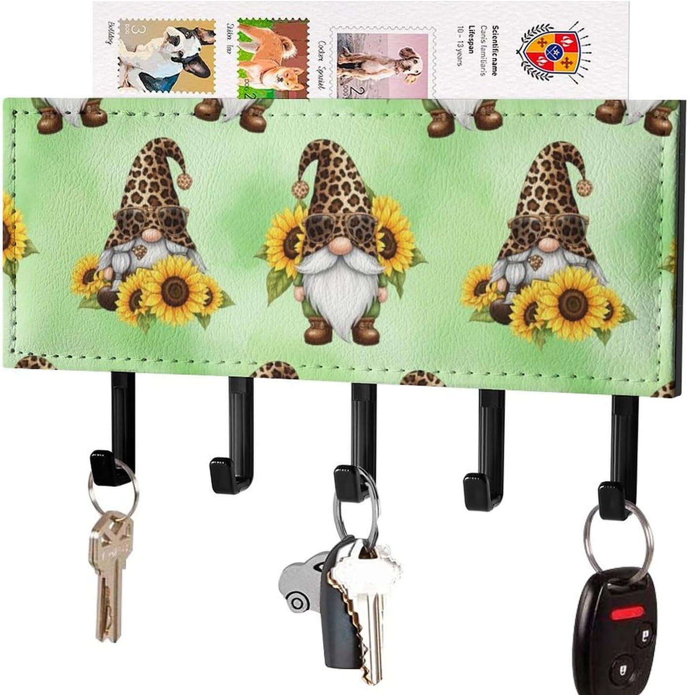 PU Leather Wall Mounted Key Hook Hanger Sunflower Gnomes, Mail Holder with Organizer Rack for Kitchen Entryway Home Decor