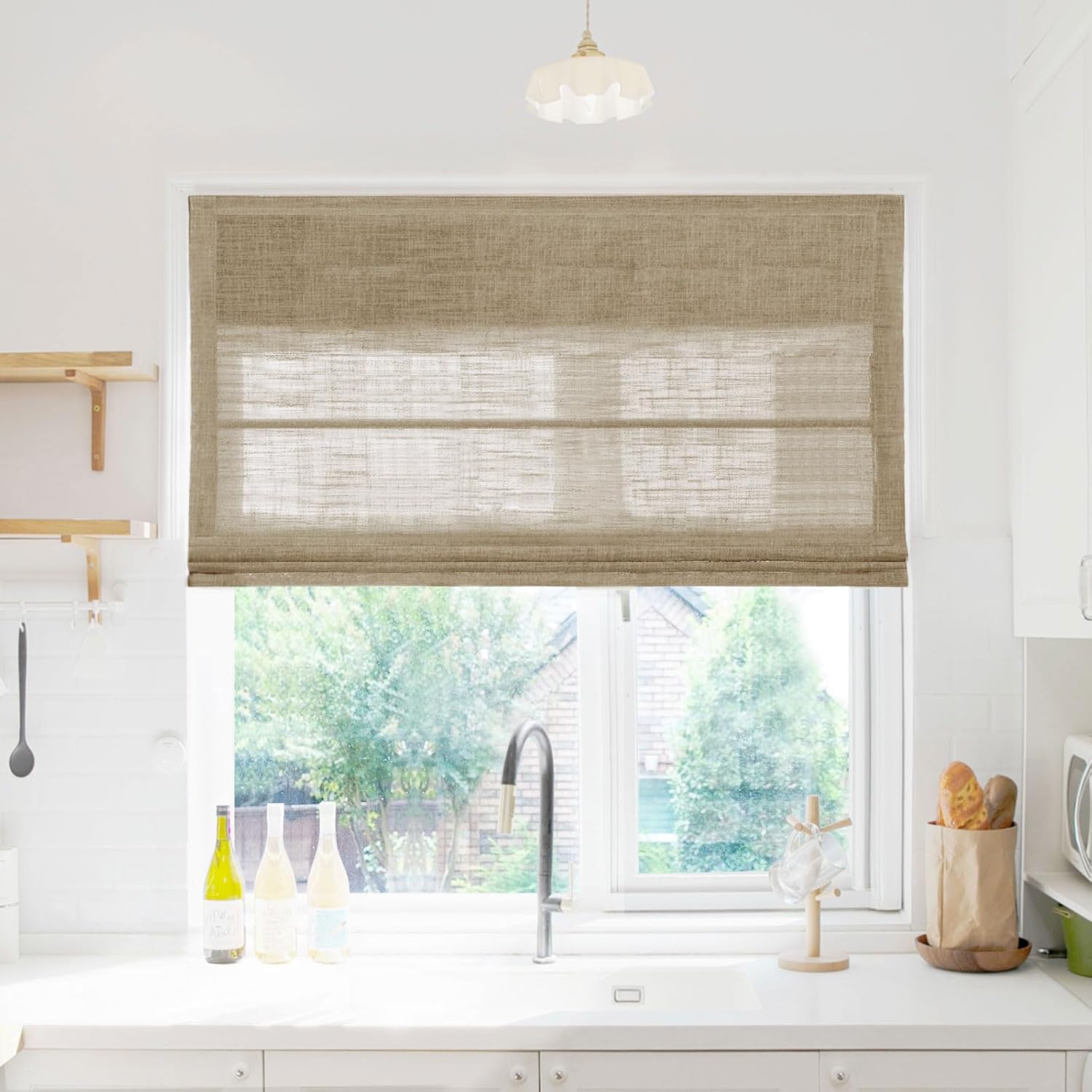 TWOPAGES Liz Blinds for Indoor Windows, Cordless Roman Shades for Home, Sliding Glass Doors, Faux Linen Custom Made Window Blinds, Khaki Yellow