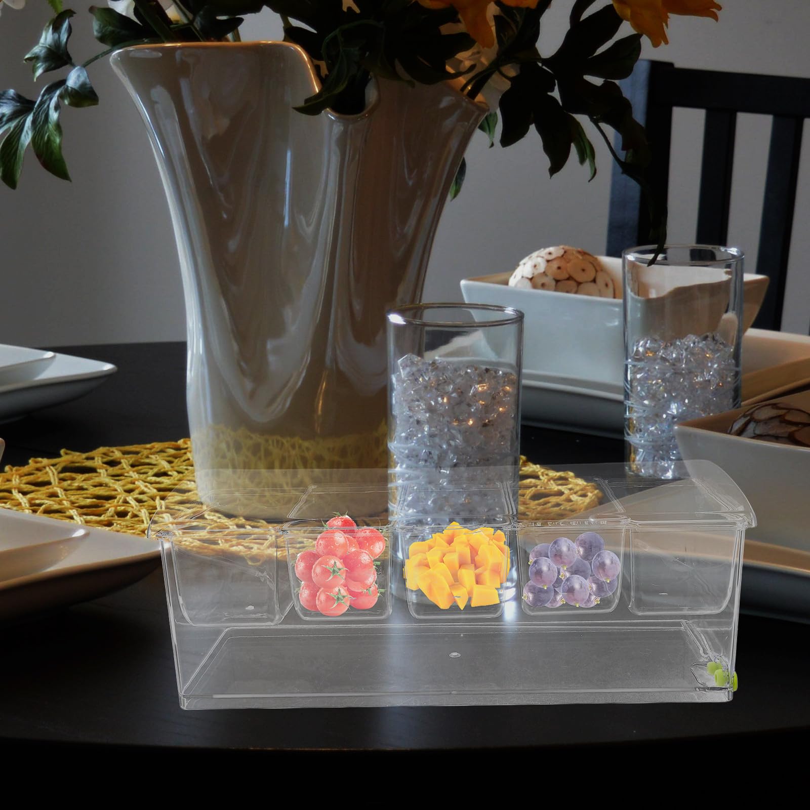 SOLUSTRE Plateau à Condiments Réfrigéré Set 1 Pièce avec Couvercle 5 Compartiments en PET Facile à Nettoyer avec Pinces et Cuillères pour Buffet Froid et Bar