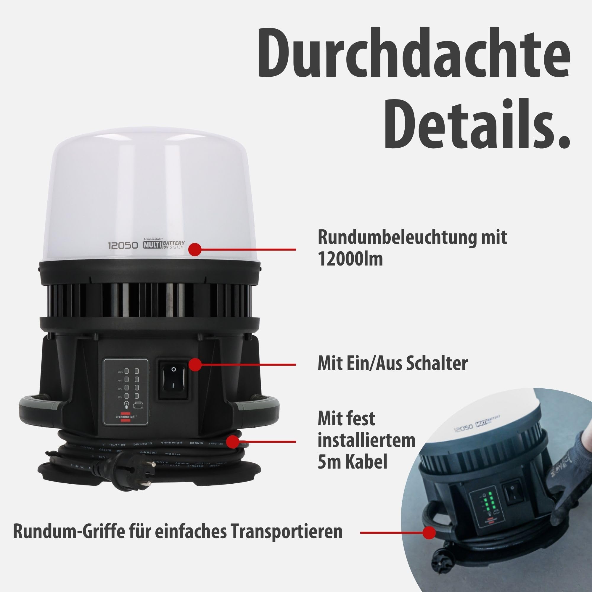 Brennenstuhl Professional Multi Battery Projecteur de chantier LED 12050 MH 360° hybride (100W, 12000lm, IP54, compatible avec batterie 18V (non fournie) de 9 fabricants, 5m H07RN-F)