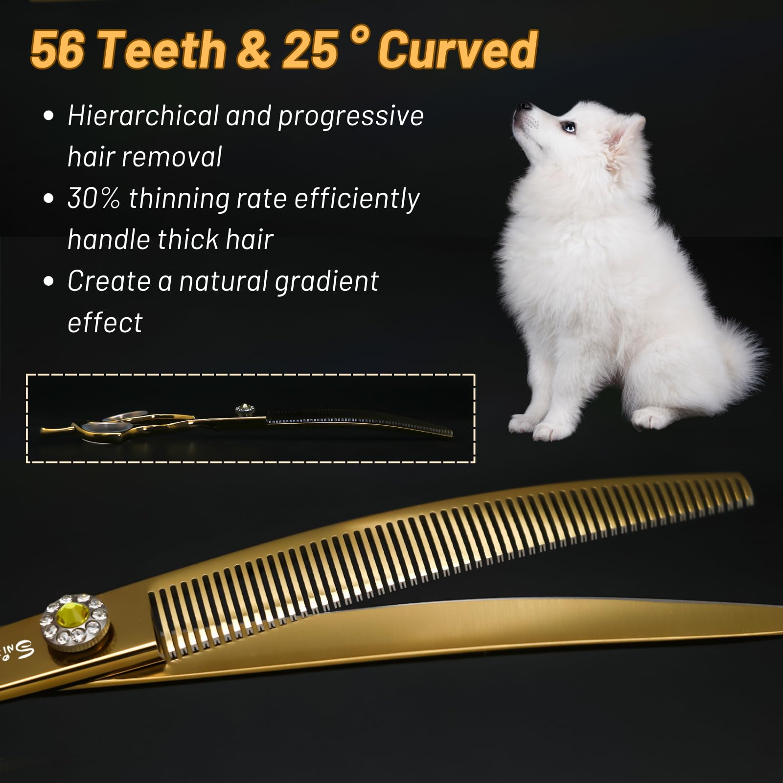 56 dents VG10 acier ciseaux de soins pour chiens, 25 degrés courbes, ciseaux ergonomiques de 7,5 pouces pour chiens et chats, ciseaux professionnels d'amincissement à 30% pour pet grooomer