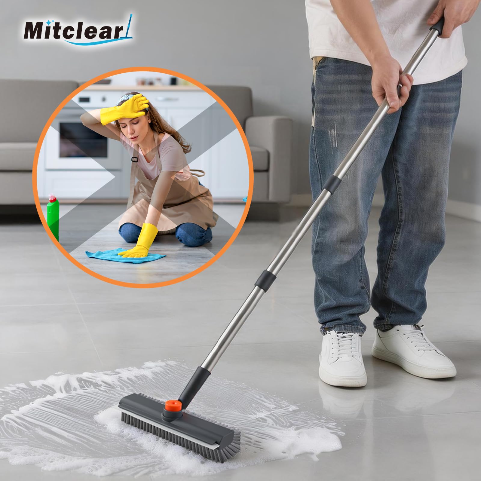 Mitclear Szczotka do Szorowania Podłóg z Długim Uchwytem(120cm), Szczotka do Szorowania 3 w 1 ze Sztywnym Włosiem i Ściągaczką do Szorowania Podłóg w Kuchni, Łazience, Tarasie, Patio, Garażu