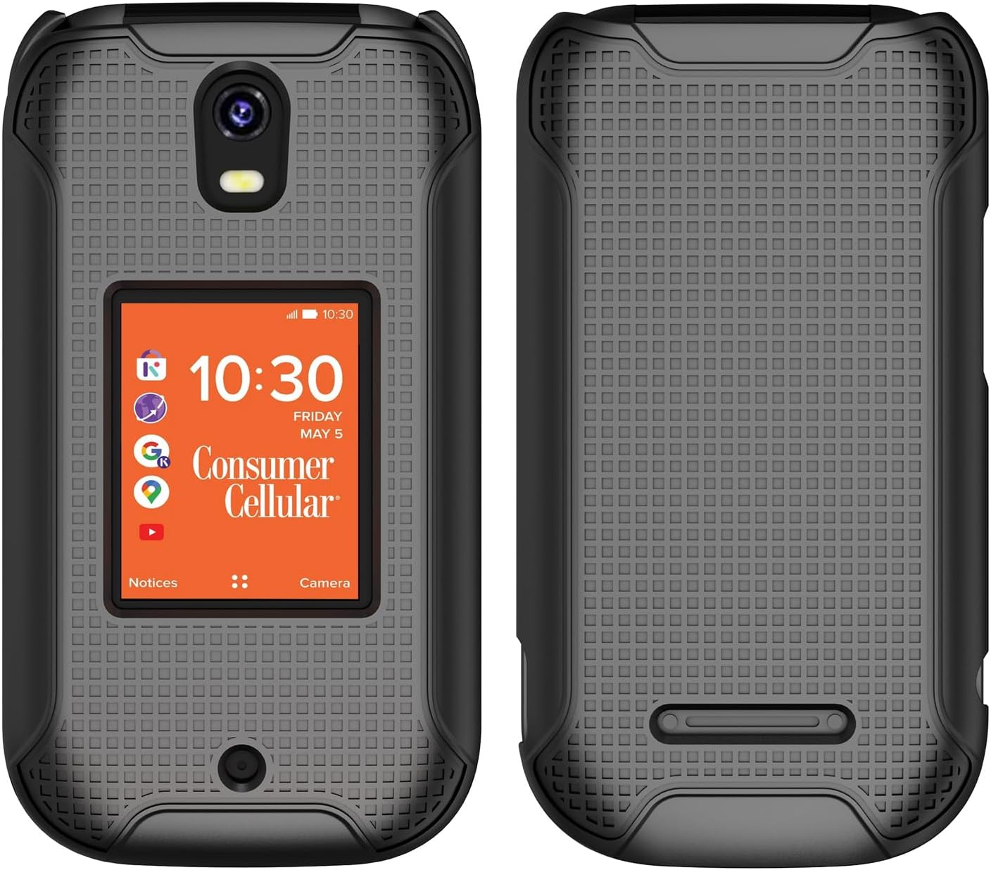 Przód i tył view of the Nakedcellphone case installed on the Iris Flip Phone