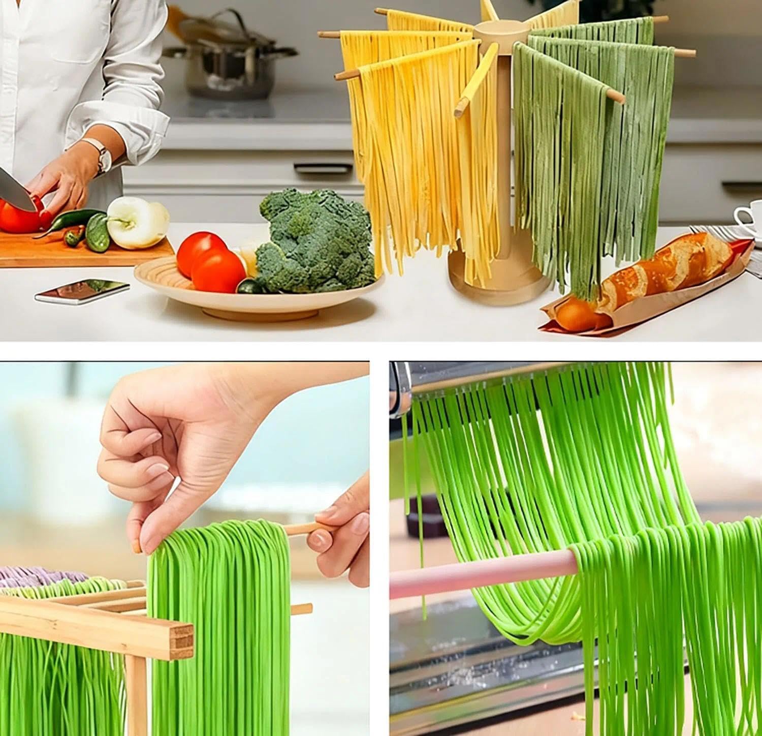 Séchoir à pâtes,Comprend 10 grilles de séchage de pâtes Amovibles | Idéal pour sécher les pâtes et les nouilles fraîches maison, tapis antidérapant inclus (couleur bois)