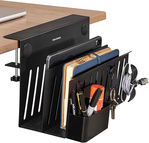 Volcora Almacenamiento lateral, soporte para debajo de la laptop, organizador sin taladros con caja magnética para bolígrafos, abrazadera para Negro
