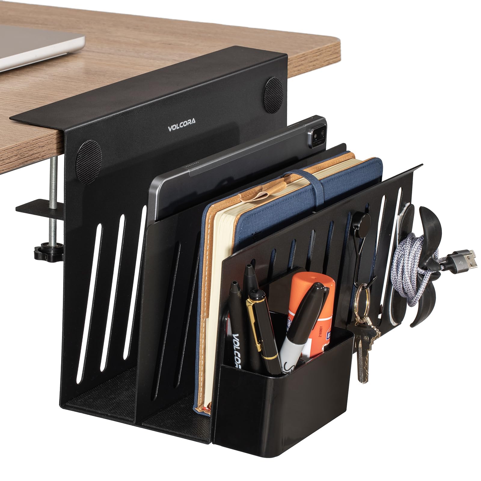 Volcora Side Storage, Under Laptop Holder, No Drill Organizer with Magnetic Pen Box, Cable Clamp, Hanging Organizer, Desk Mount File Holder for Office