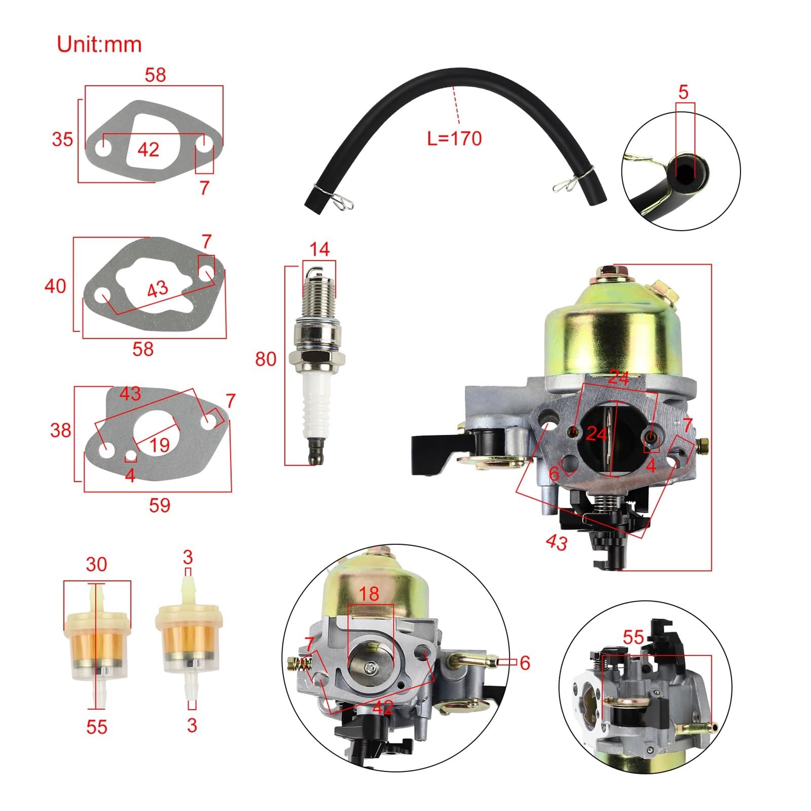 Herramientas de jardín Kit de Juntas de bujía, Filtro de Combustible y línea de Combustible for carburador, Compatible con Motor de cortacésped V40 Choice GXV160.