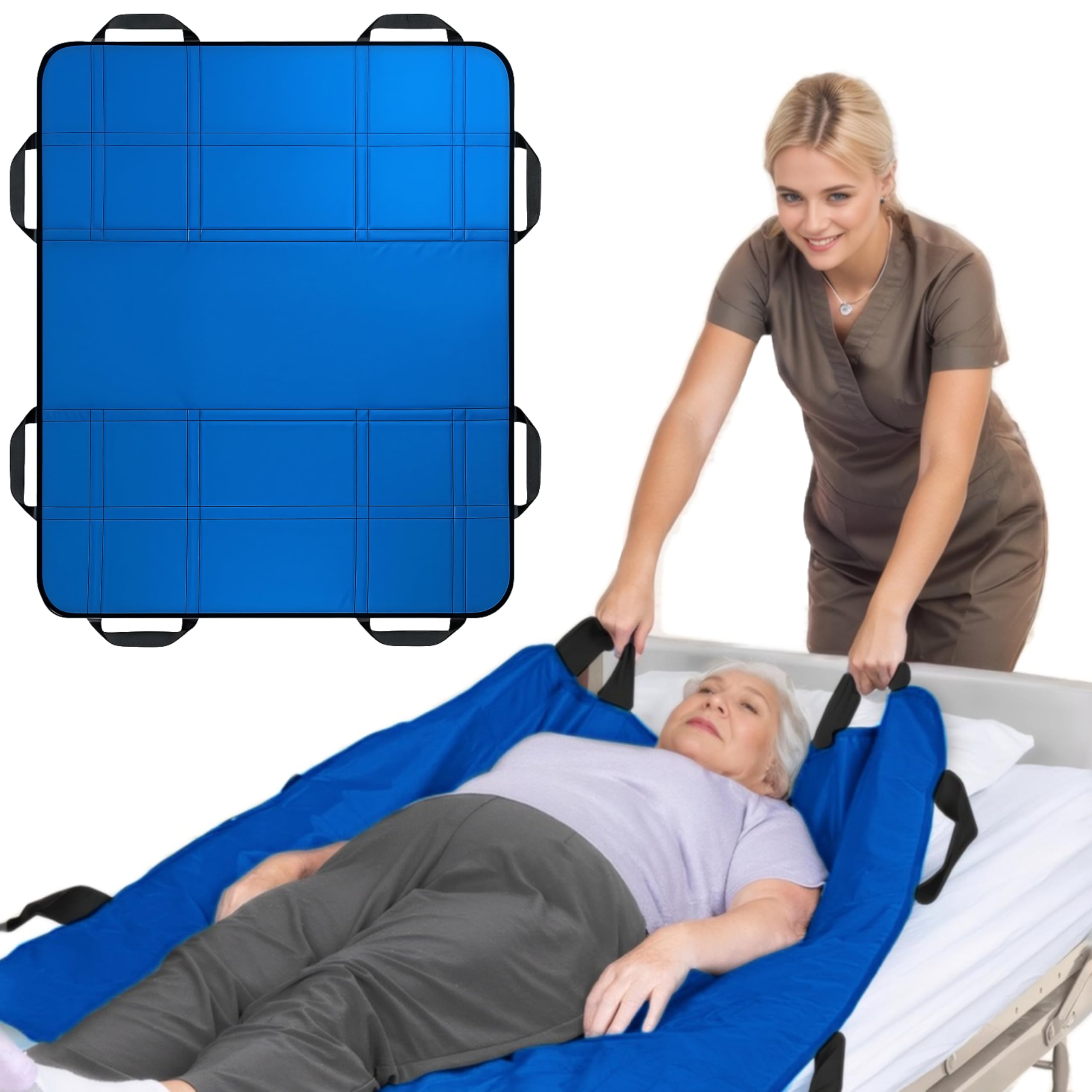 Upgraded 3-Layer Comfort Positioning Bed Pad with Handles Washable Waterproof Transfer Board for Turning Moving Patient Inconvenience Care Transfer Sheet, 48" x 40", Large, Lake Blue