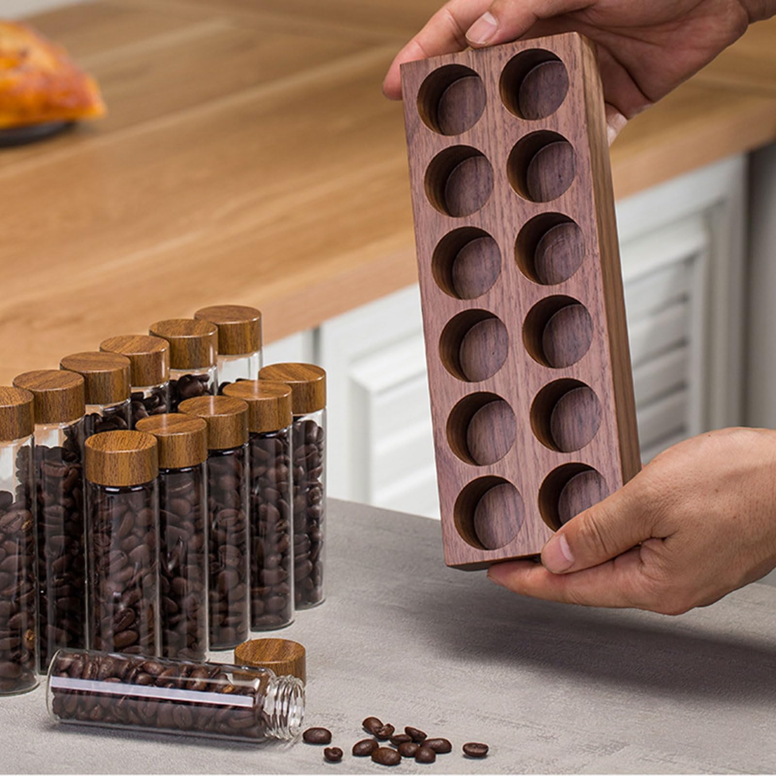 PANGBOER Moderno scaffale a 12 scomparti per caffè a chicchi di caffè, salvaspazio, supporto per cucina o ufficio, espositore da cucina