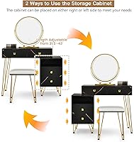 Vista 6 de CHARMAID Escritorio de tocador con armario lateral reversible, mesa de tocador de maquillaje con espejo iluminado, 3 luces de color, 4 cajones