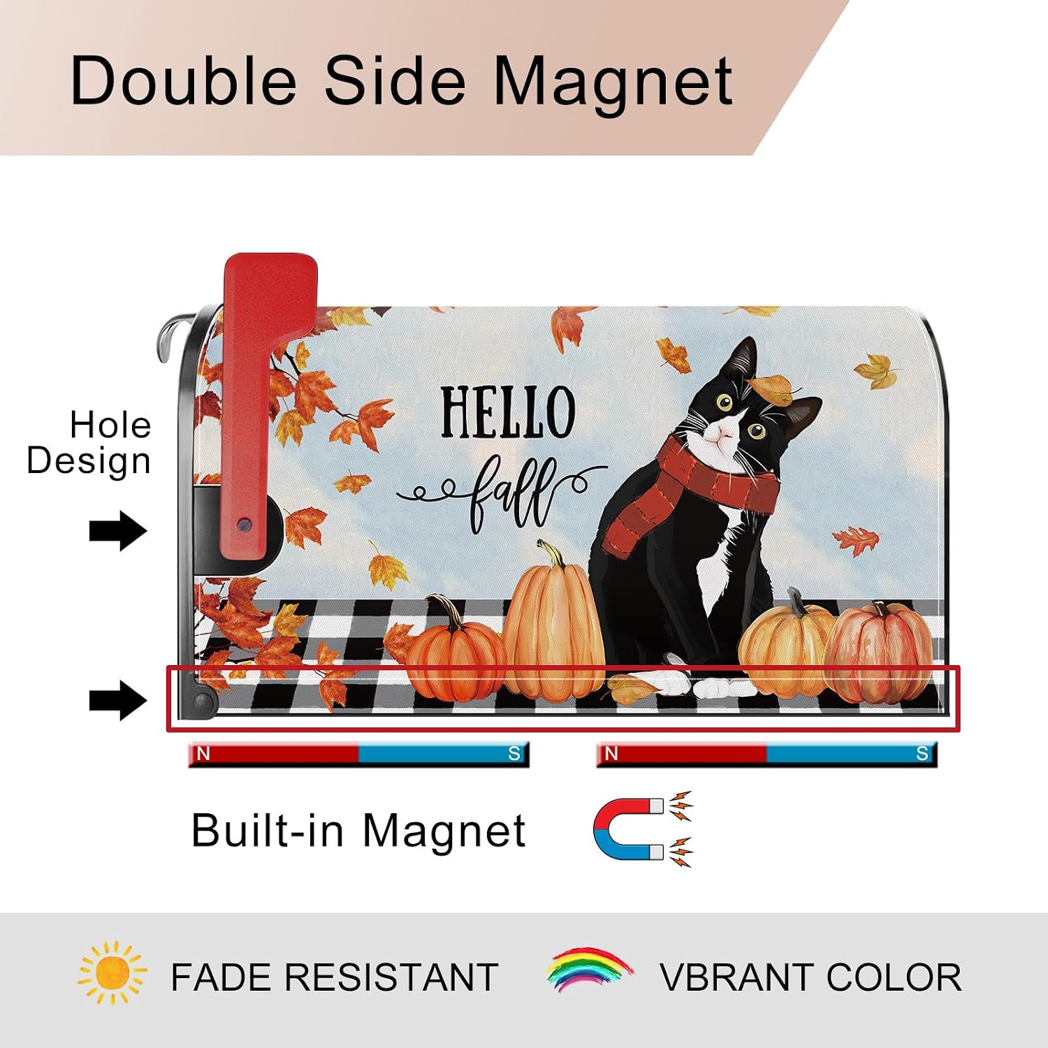 Hello Fall Cat Pumpkin Maple Leaf Mailbox Cover Magnetic Standard Size 21x18 Inch Fall Autumn Decorative Post Letter Box Wrap Decor Garden Yard Decoration