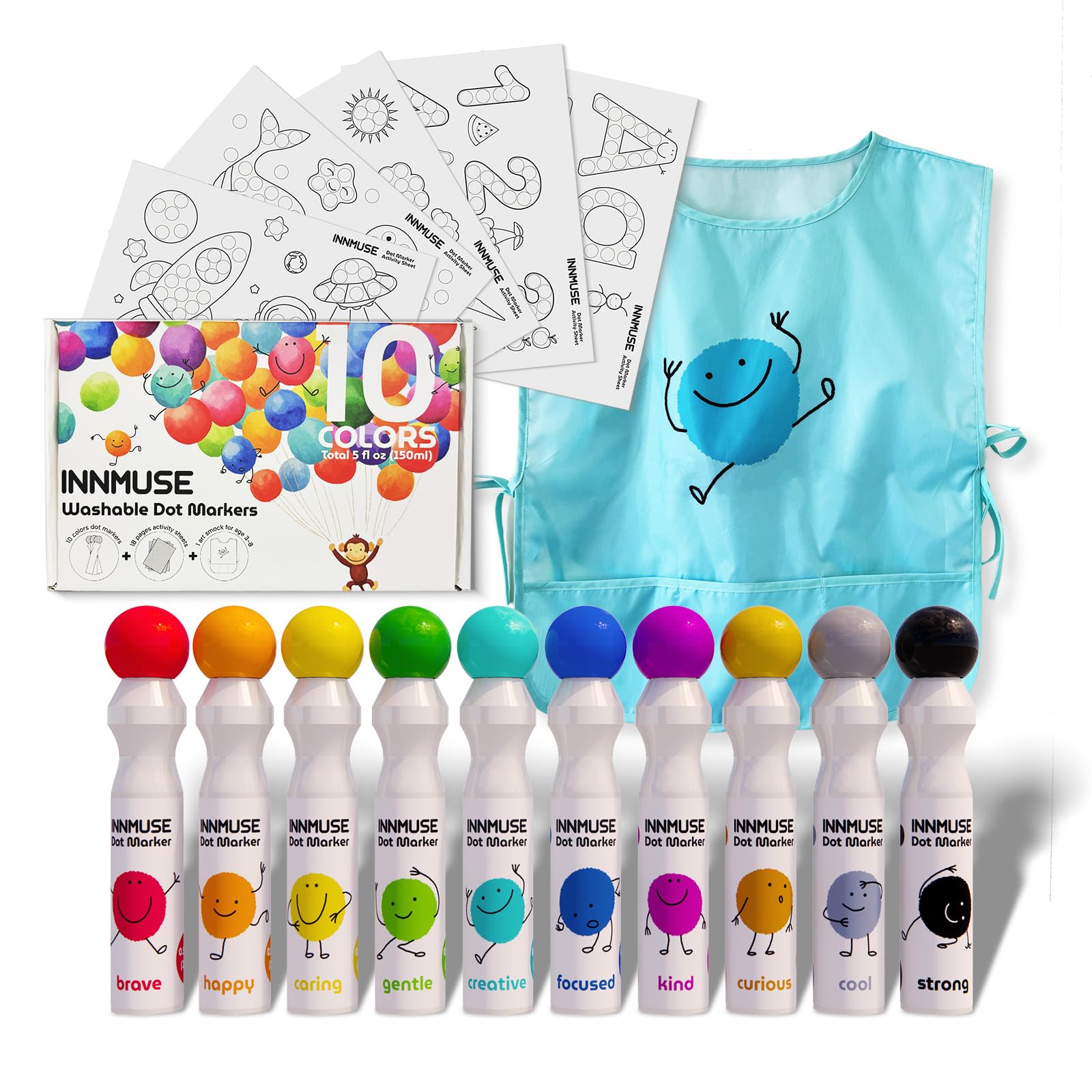 INNMUSE Washable Dot Markers for Kids, 10 Colors Dot Paints, Included Smock, Printed and PDF Activity Sheets, Arts and Crafts for Kids 3-5, Bingo Daubers, Preschool Learning Activities