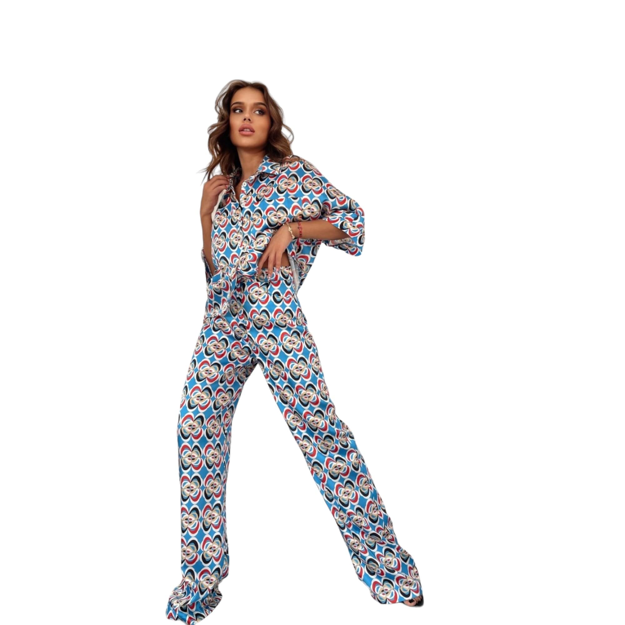 GufrinaWomen's Short Sleeve Shirt Collar Top Type Shirt and Wide Leg Pants Co-ords Set