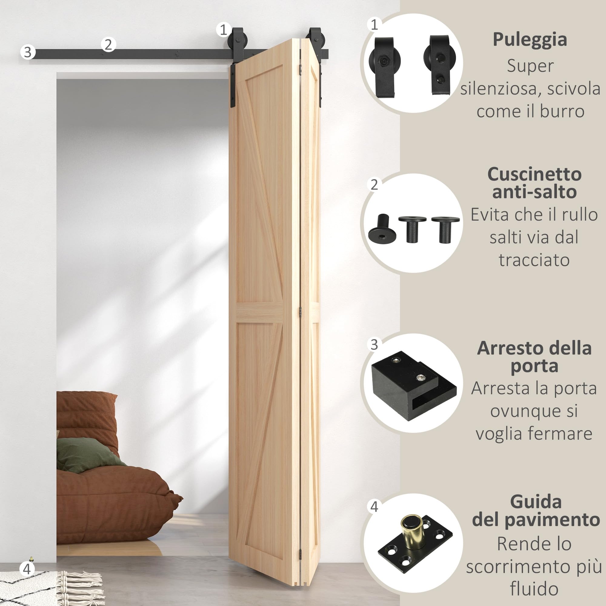 HOMCOM Kit per Porta Scorrevole Pieghevole in Acciaio al Carbonio Nero 122x0.5x4 cm con Accessori Inclusi