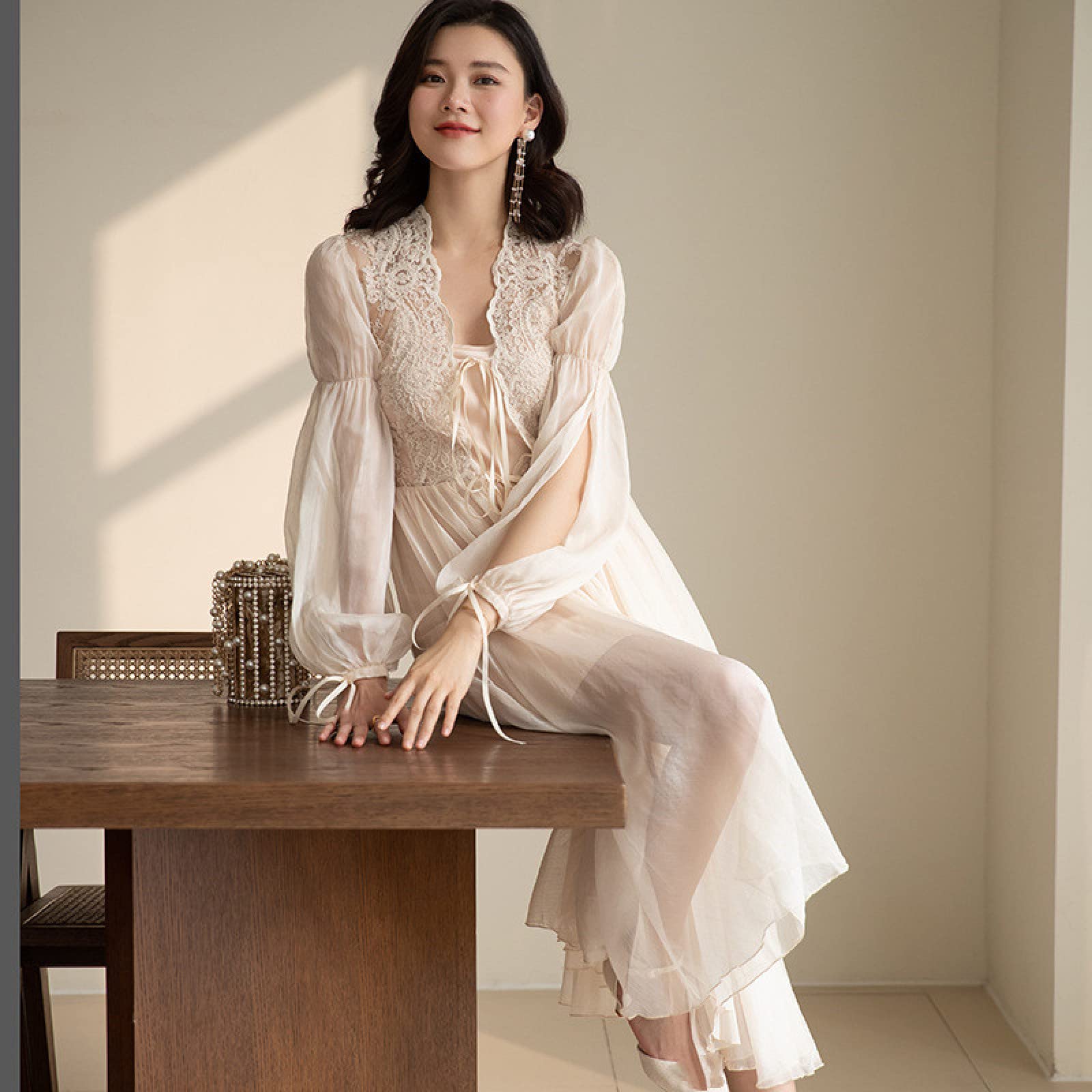 OFFSUM Camisón De Pijama De Mujer - Elegante Primavera Verano Dulce Ropa De Dormir Princesa Novia Boda Bata Encaje Translúcido Dama De Honor Albornoz Loungewear,Albaricoque,M