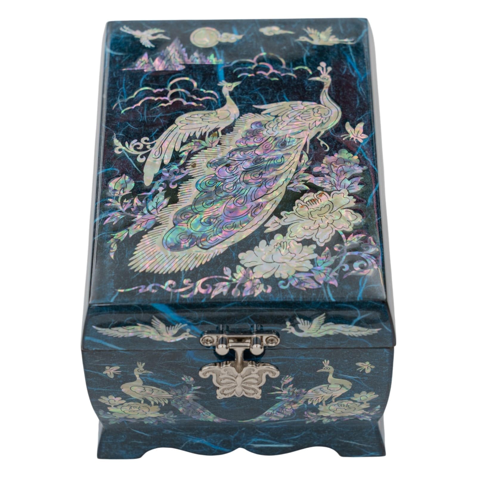 February Mountain Joyero musical de madreperla con espejo y soporte para anillos, caja de música, organizador de joyas tocando melodía Arirang, caja de joyería de pavo real, regalo para mujeres