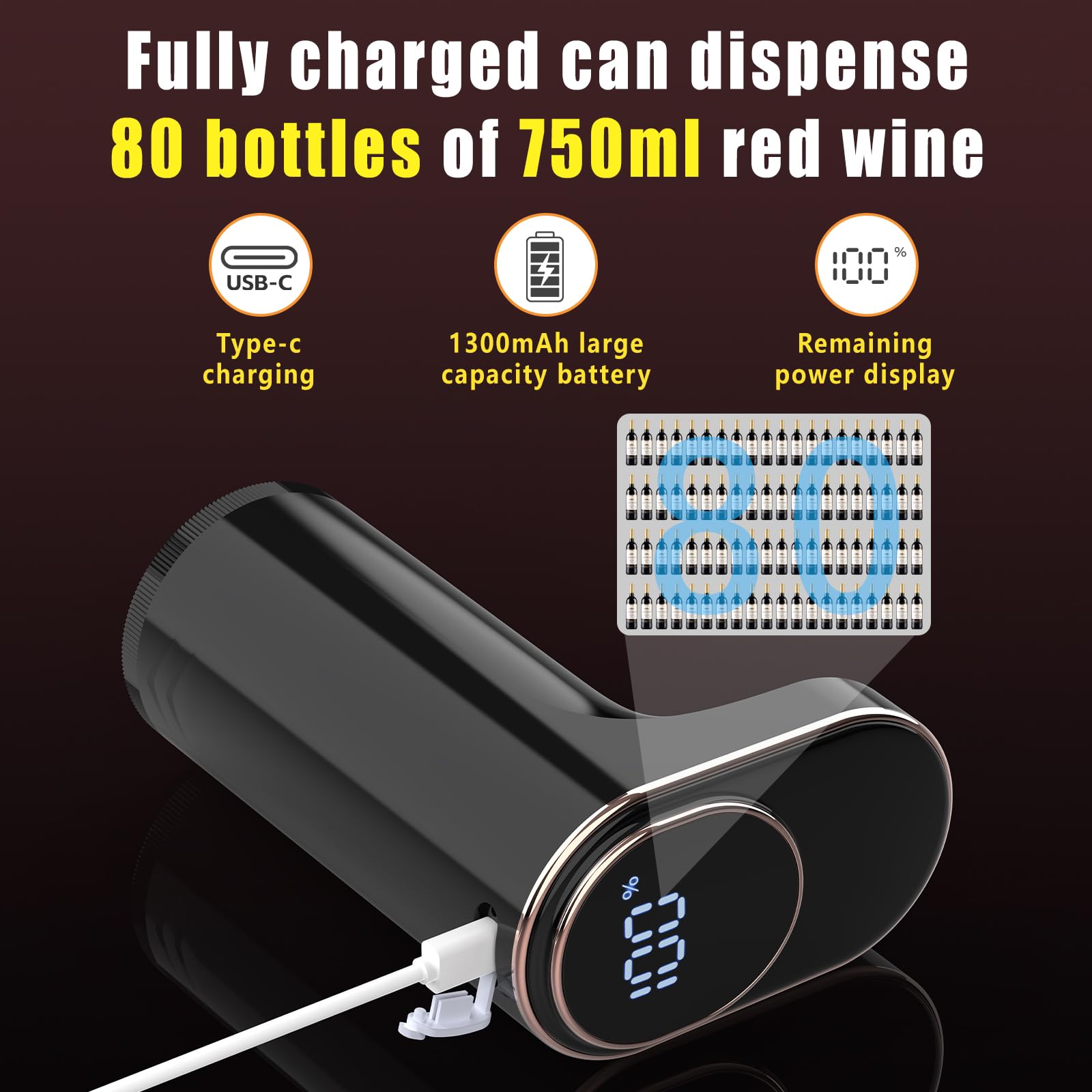 Aérateur de vin électrique, distributeur de vin rechargeable et décanteur, bec verseur quantitatif de 1 à 999 ml, autonettoyant et écran tactile LED, bec verseur automatique pour les amateurs de vin