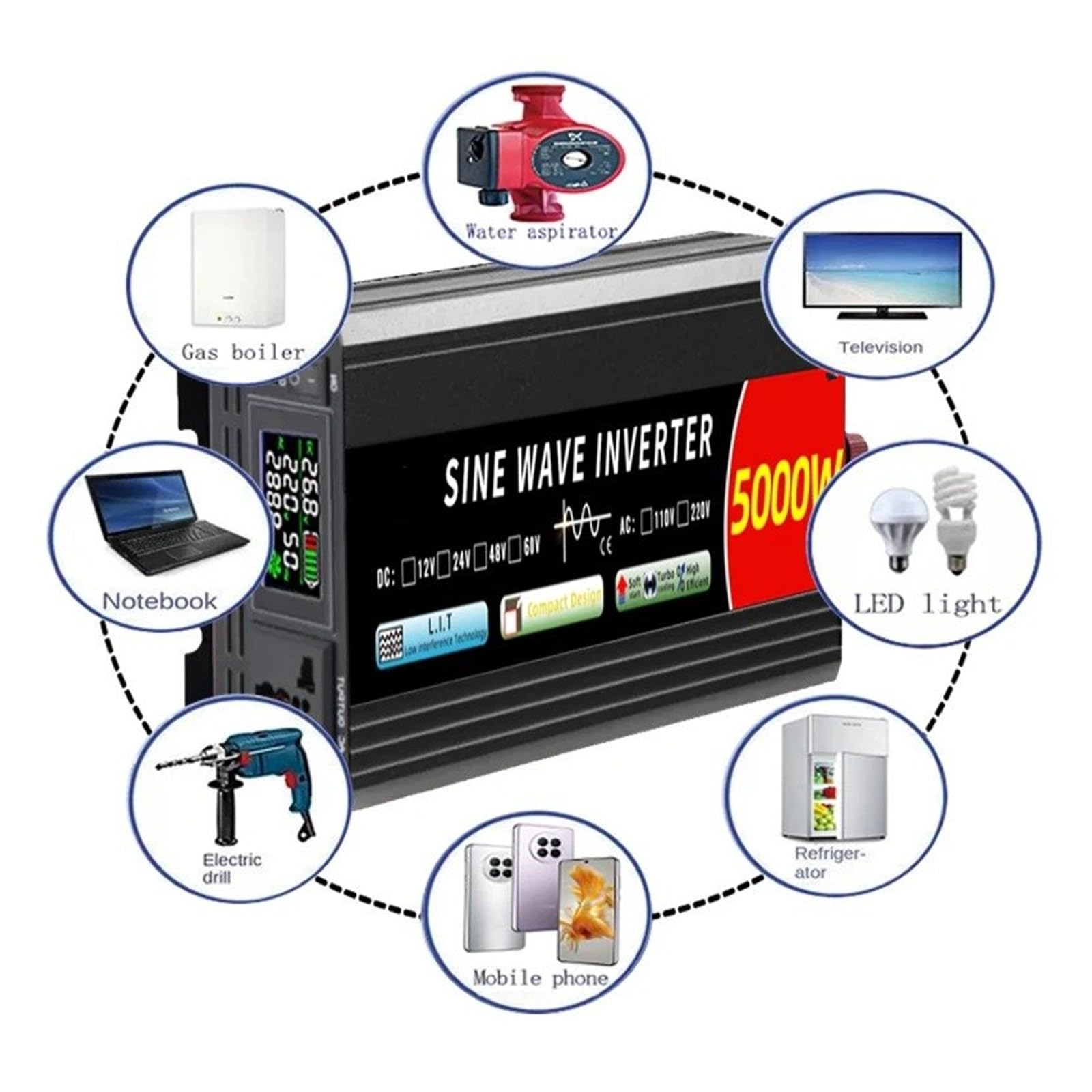 Inverter Auto Convertitore 5000W 4000W 3000W 2000W 12v/24v 110v/220v DC AC 50/60HZ Convertitore Potenza Portatile LCD Onda Sinusoidale Per Pura