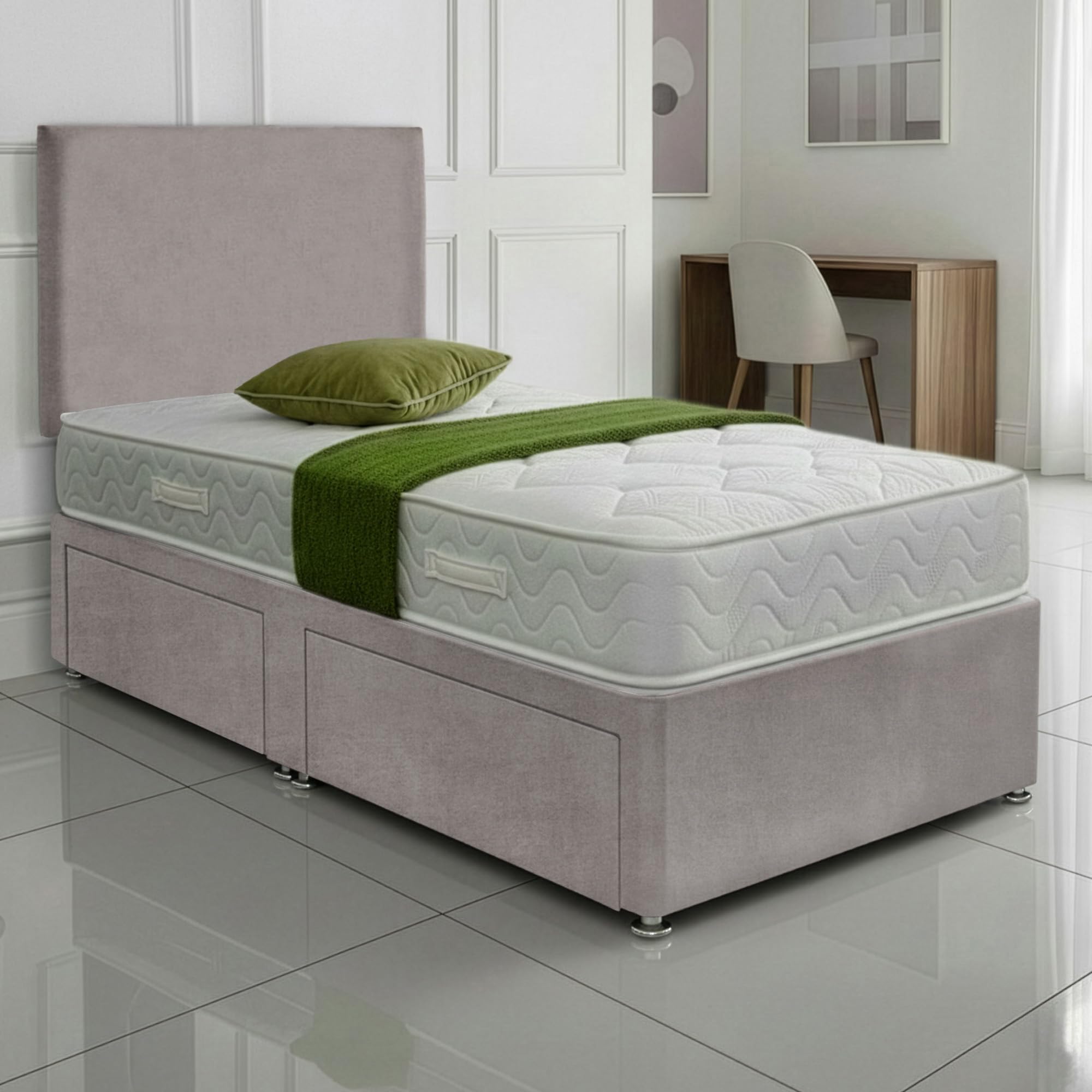 SANA SLEEP Sleek 2FT6 small single Bed with Pocket Sprung Mattress & 2 Drawers | Compact Bedroom Set | Sturdy Frame for Comfort | Chic Divan Design | Modern Spaces Furniture (Silver Plush)