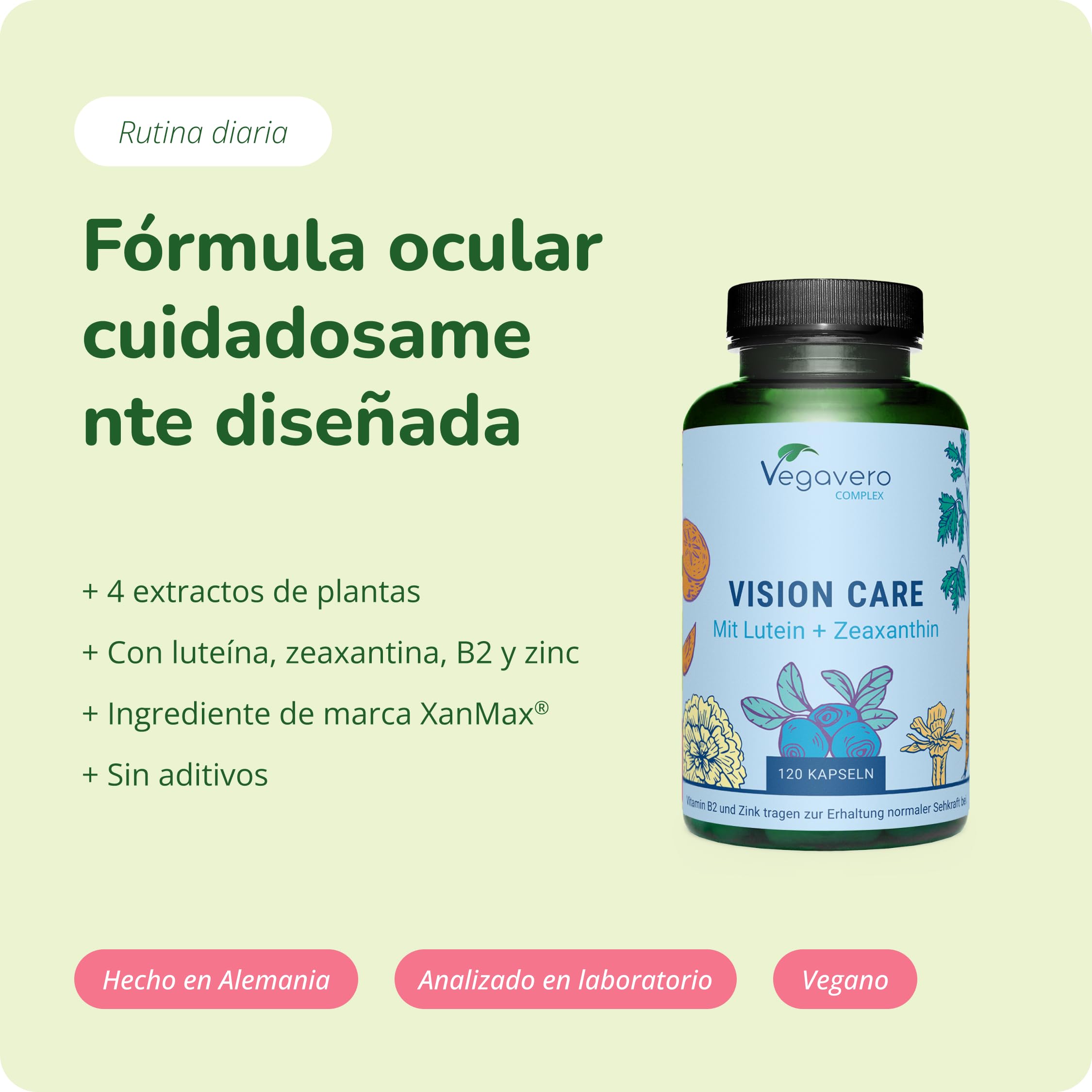 Vegavero Luteína Complex | 40mg Luteina + 8mg Zeaxantina | 16000 MG Flor de Cálendula | Materia Premium: MyrtiPRO + Xanmax | Testado en Alemania | Sin Aditivos y Vegano