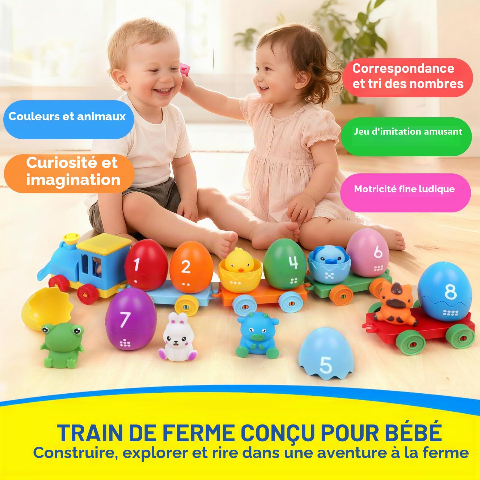 Quanquer Train de la Ferme, Jouet éducatif Montessori pour Tout-Petits, Apprentissage du comptage et du tri, idéal pour Les activités préscolaires et Cadeau 1–3 Ans.