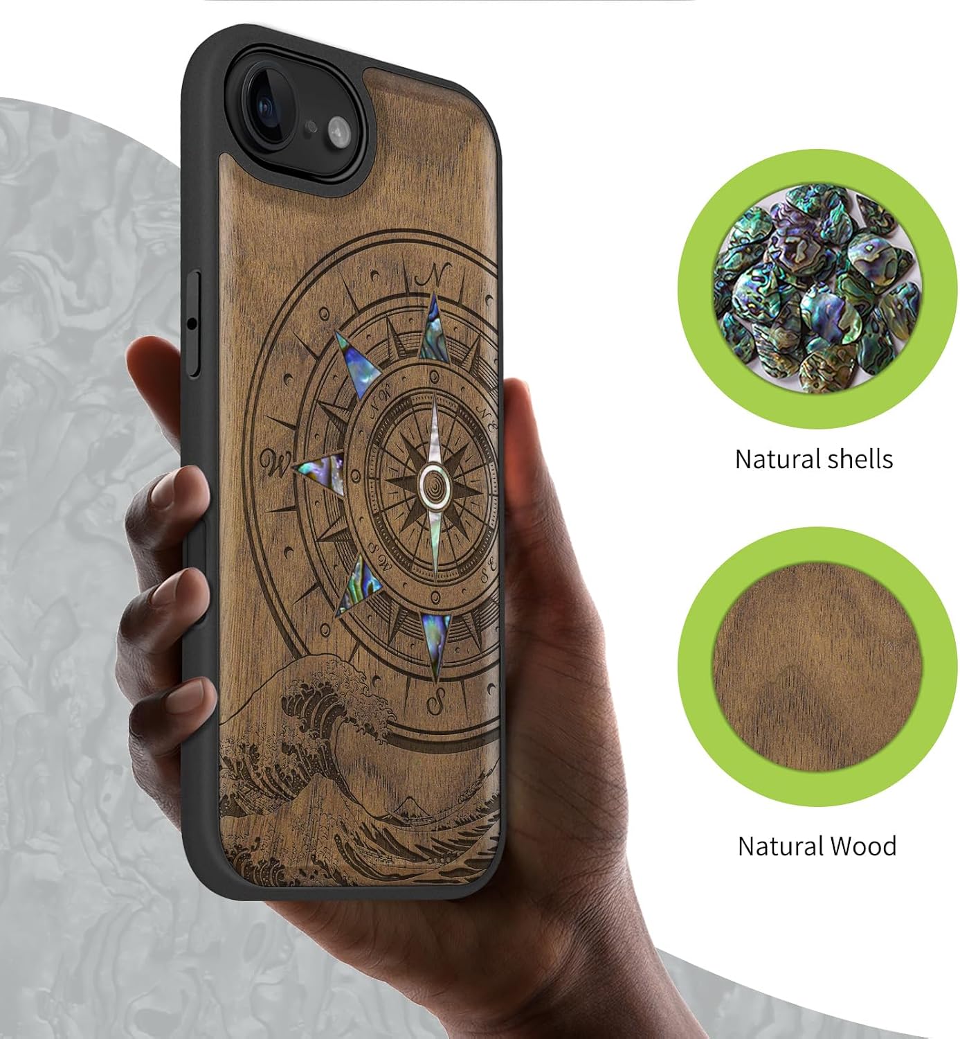Carveit Magnetic Wooden Case for iPhone 16e / 17e, Wood Artisan Engraved & Handmade Shell Inlaid, TPU Shockproof Cover, Compatible with MagSafe Wireless Chargers, Wave Compass - Walnut
