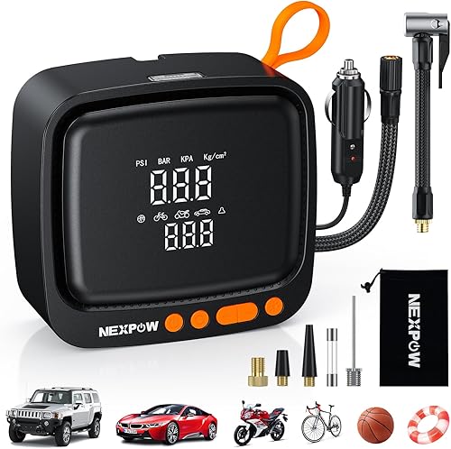 Miniatura 13 de NEXPOW Inflador de neumáticos Compresor de aire portátil - Bomba de aire para neumáticos de automóvil con adaptador de corriente de 12 V CC, bomba
