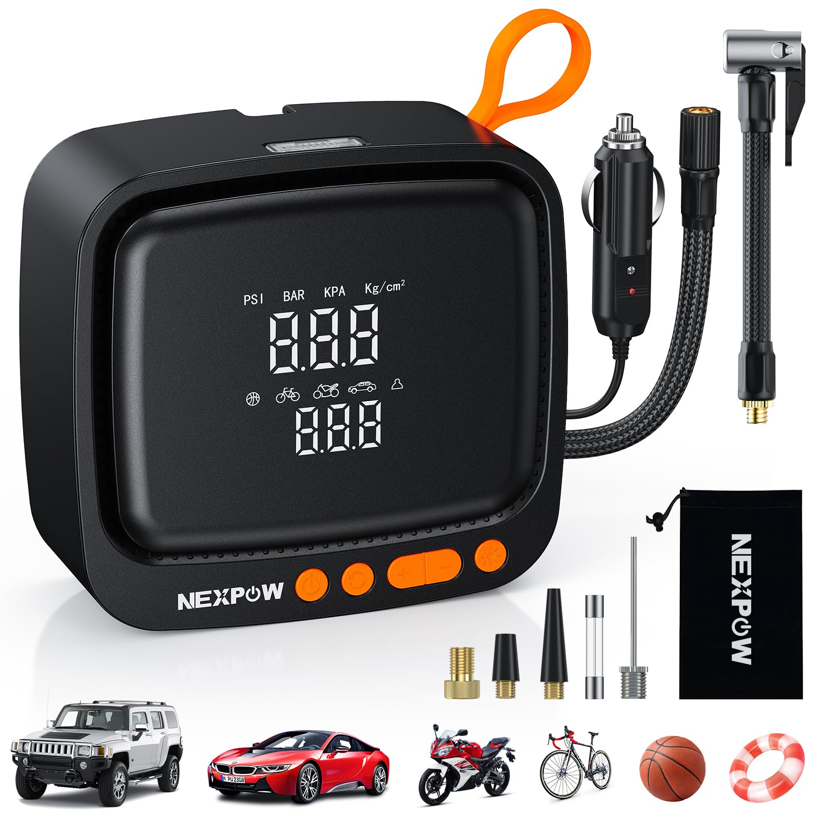 NEXPOW Tire Inflator Portable Air Compressor, 150PSI 12V DC, Orange | Dual Digital Pressure Gauge, Auto Shut-Off, LED Light, For Car, Motorcycle, Bicycle, Ball