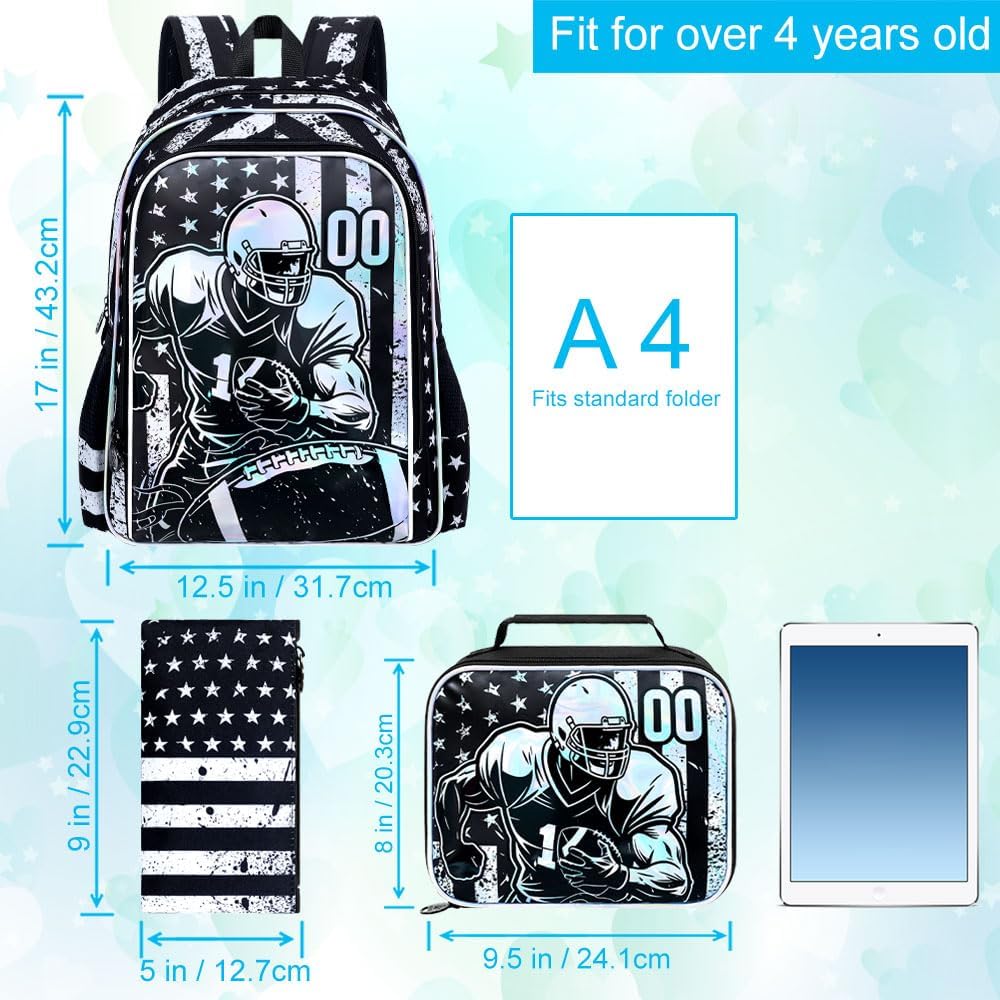 CCJPX 17" Football Backpack for Boys, 3Pcs Kids Water Resistant Preschool Bookbags,Cool Kindergarten School Backpacks with Lunch Box（Black）