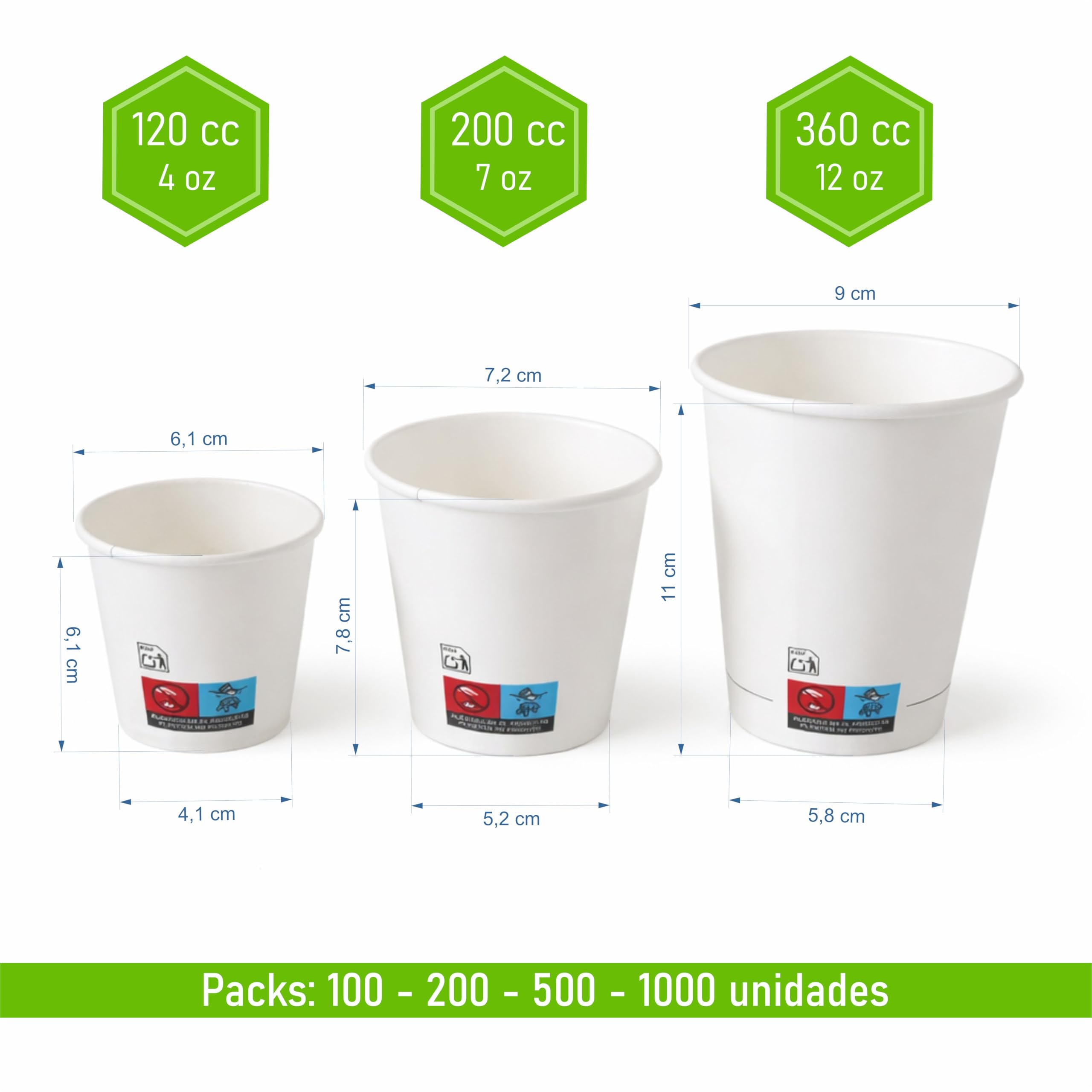 Vasos café desechables - Vasos de cartón reciclables para café caliente – Resistentes y aptos para bebidas calientes o frías (500, Blanco, 360 cc)
