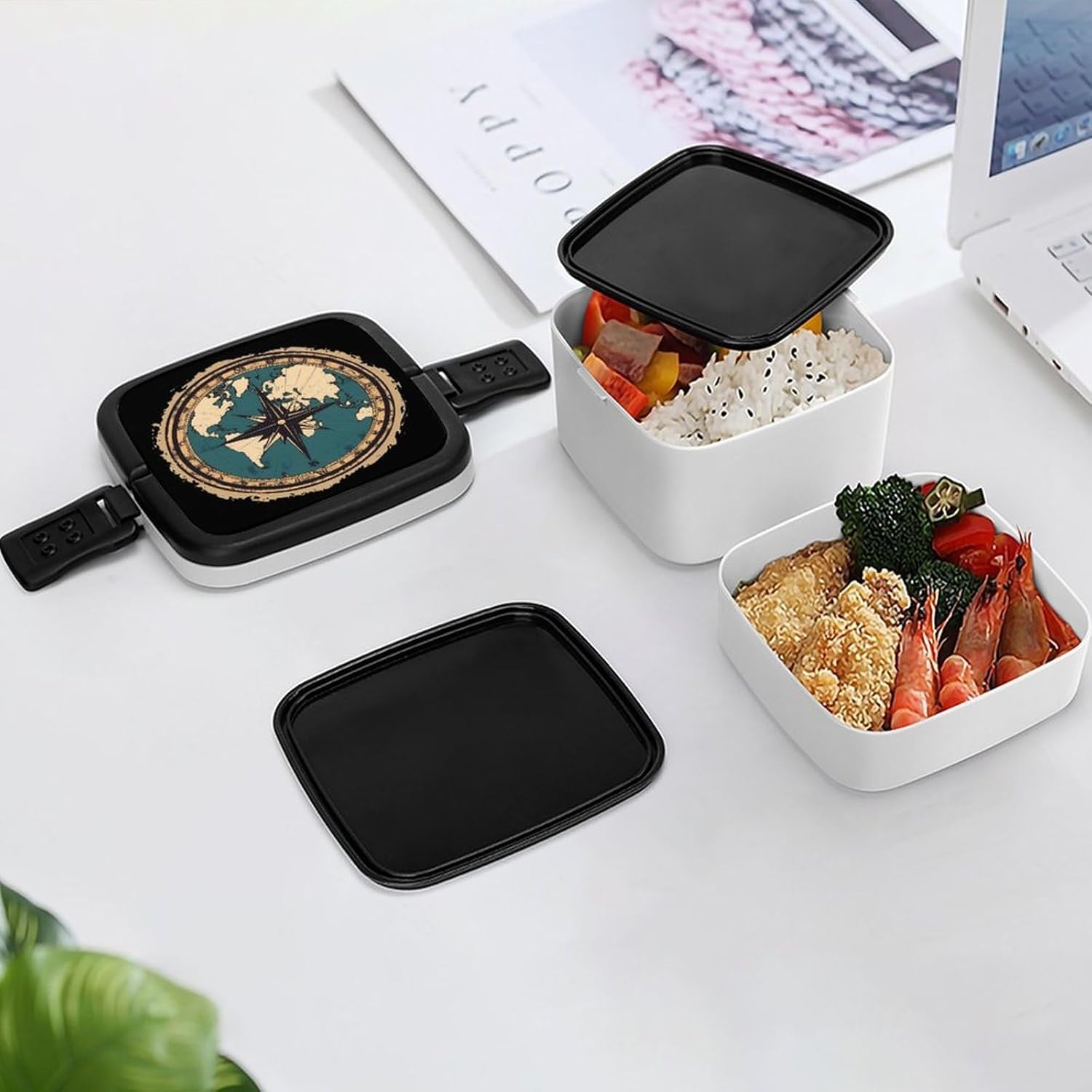 World Map Compass Sea Sailboat Bento Box with Spoon 2 Layer Food Container Cute Lunch Box for Travel Dining Work