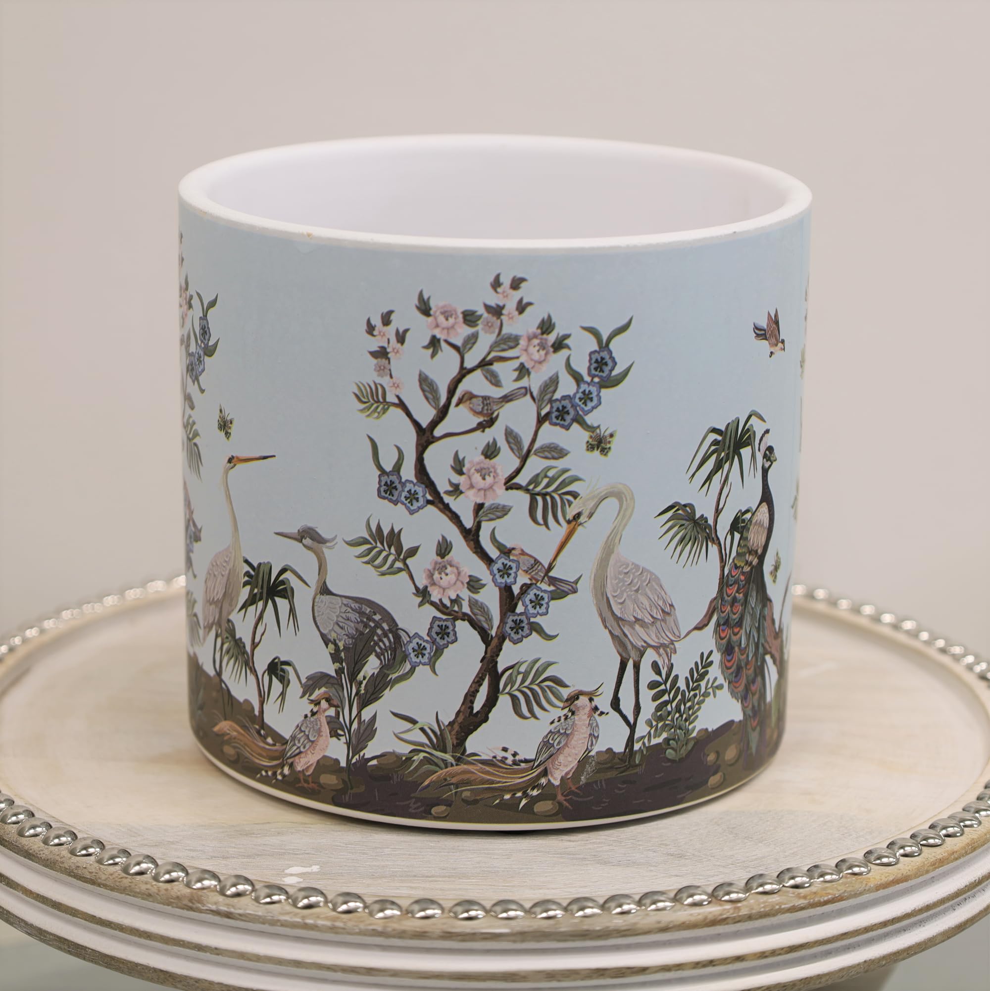 Fyne-Finds Crane & Haron Water Birds Jungle Ceramic Indoor Home Planter Pot 14cm, 5.5inch Herb Plant Pot Cover