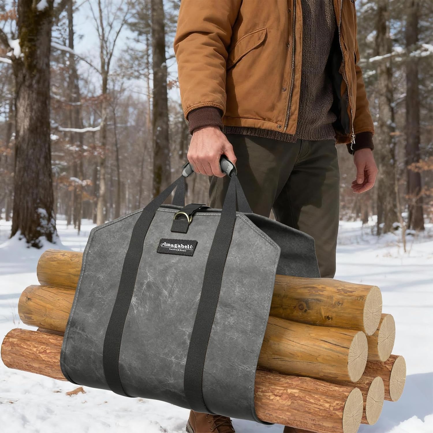 Amagabeli Firewood Carrier Waxed Canvas Log Tote Carrying Bag Heavy Duty Fire Large Wood Fireplace Carrier Bag with Handles for Camping Firewood Log Holder Wood Sling Cabin Stove Accessories - Image 7