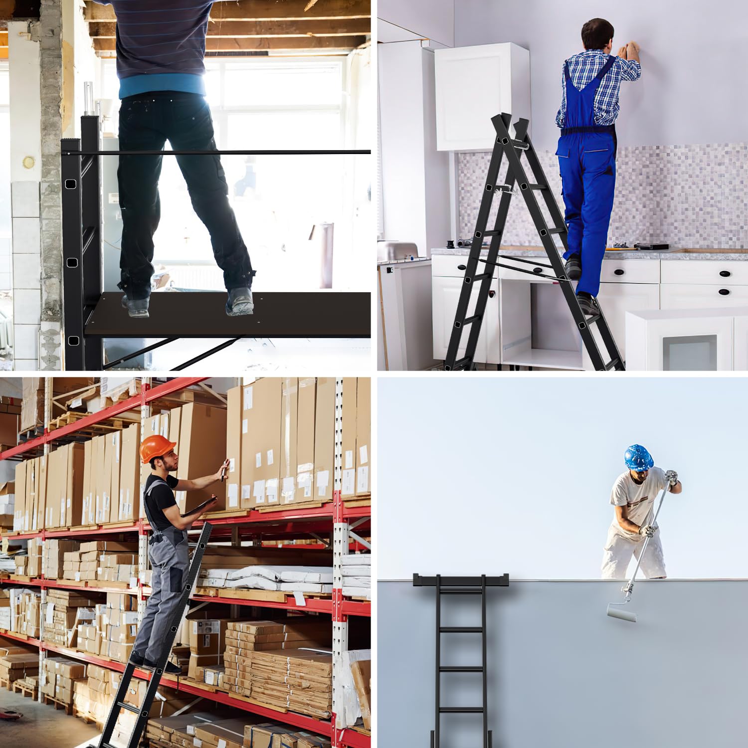 Gimisgu Andamio, escalera multifunción 4 en 1 de aluminio 6+6 peldaños, andamio móvil multiusos con plataforma y 2 ruedas, plataforma de trabajo, andamio de trabajo, soporta hasta 150 kg máximo, Negro
