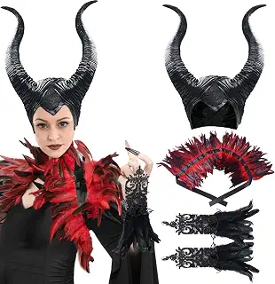 EQTGI マレフィセントカラスコスチューム マレフィセントホーン付き女性 ブラックフェザーマントスリーブ ハロウィンコスプレ用