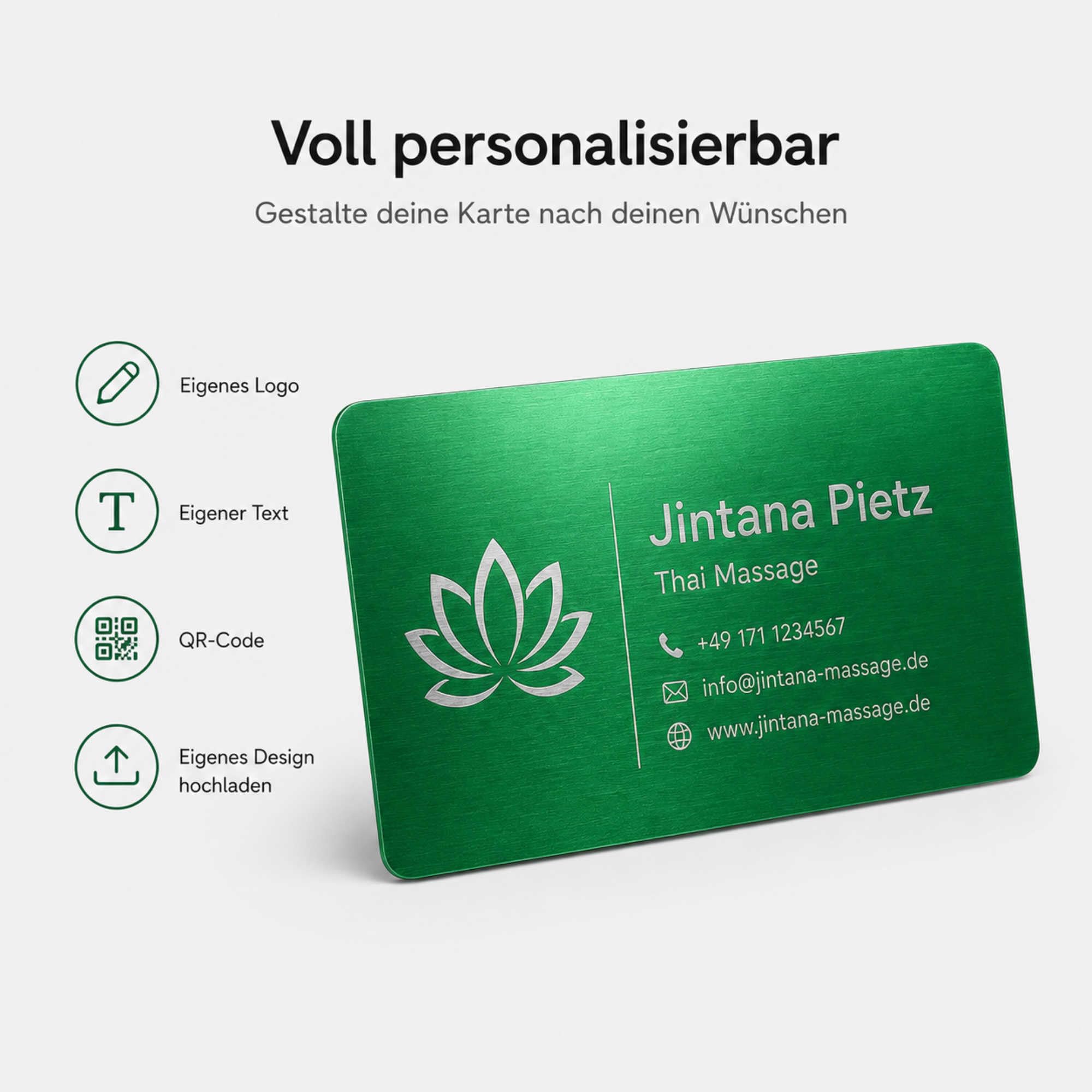 Visitenkarten erstellen - 100 personalisierte Aluminium Metall-Visitenkarten in grün, 85 x 54 mm, mit Logo, Text oder QR Code, beidseitige Lasergravur