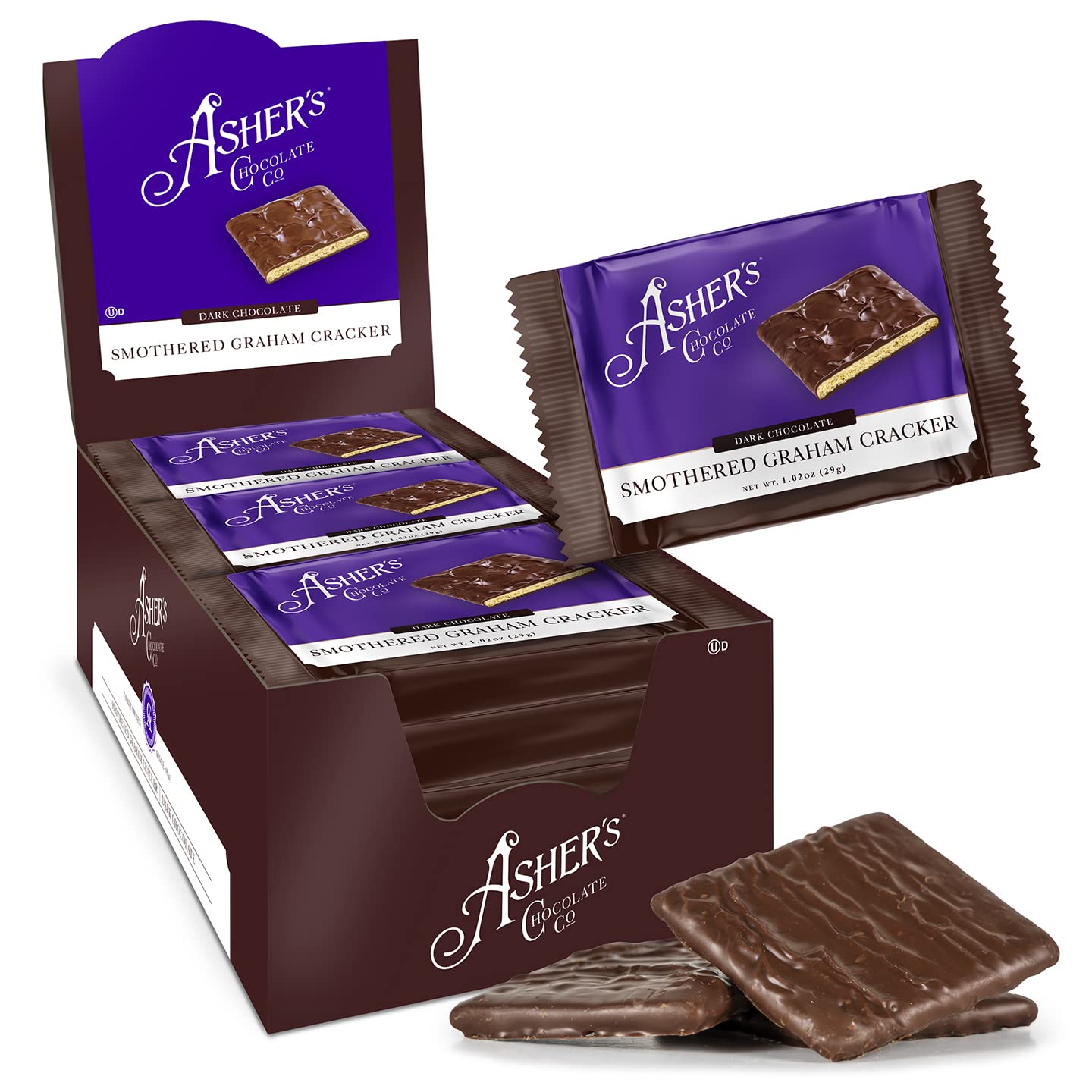 Asher's Chocolates, Chocolate Covered Grahams, Gourmet Sweet and Salty Candy, Individually Wrapped Snack, Family Owned Since 1892 (Dark Chocolate, 15 Count, 2 Packs)
