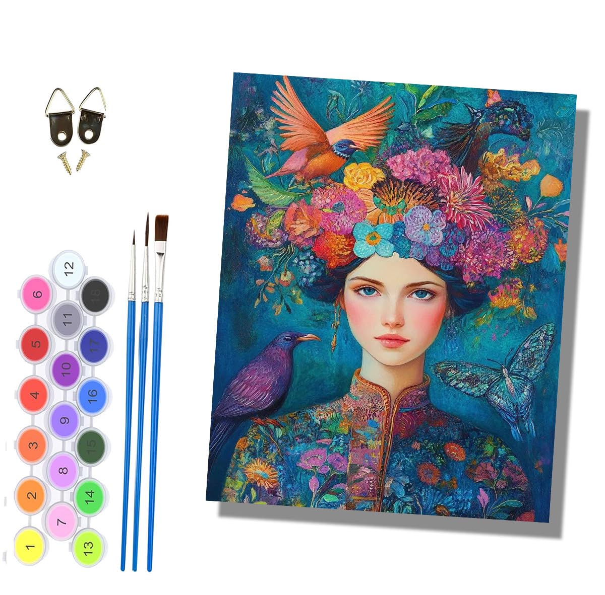 HONGPZH Paint by Numbers for Adults Painting by Numbers for Adults Canvas Kits Paint by Number Crafts Kits for Gift Home Decoration 16x20 inch Girl, Flowers, and Birds - 2