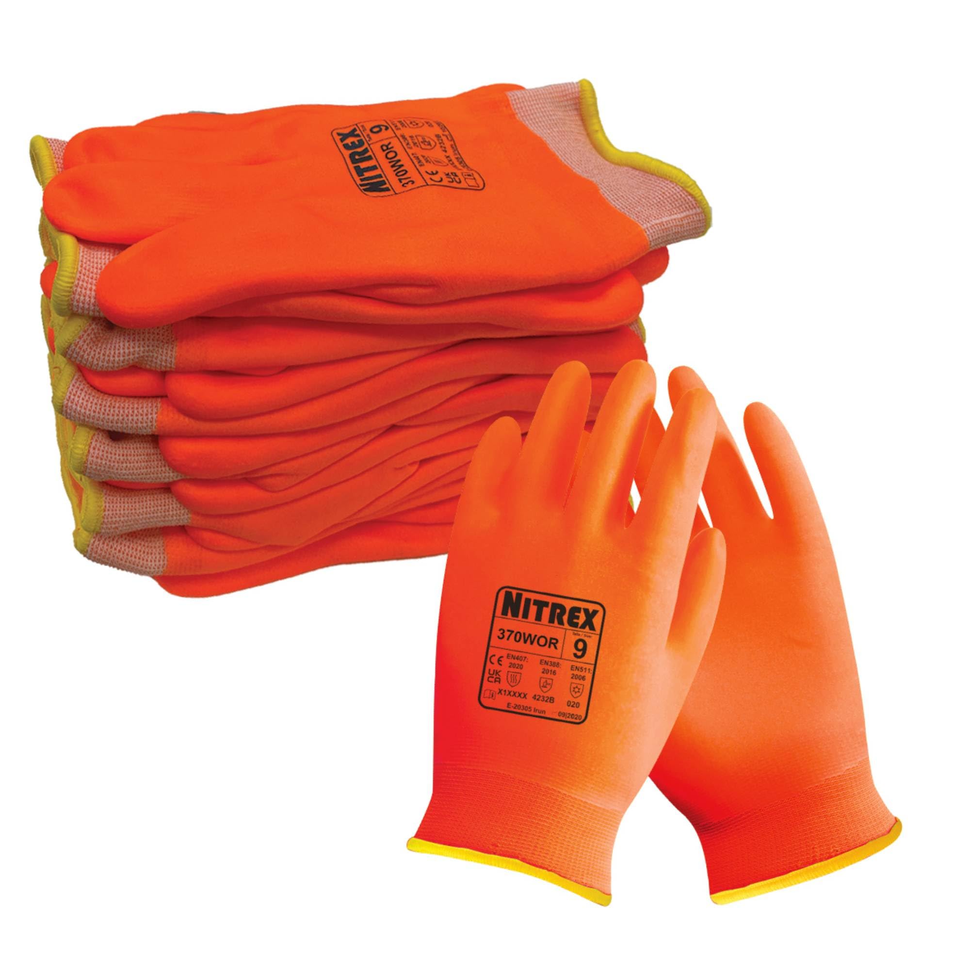 NITREX 370WOR Gants thermiques de travail, anti-coupure Catégorie B, adhérence accrue en conditions humides et sèches, haute visibilité, résistant à l'abrasion, orange, taille 11