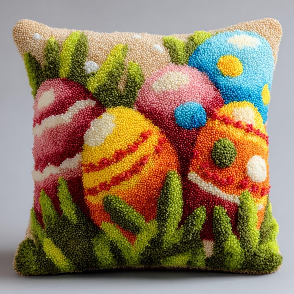 WallustrioaW Latch Hook Kit,Easter Eggs in the Grass,Latch Hook Kits Pillow for Adults Embroidery Pattern Printed Canvas Creativity Crochet Gift,17x17in