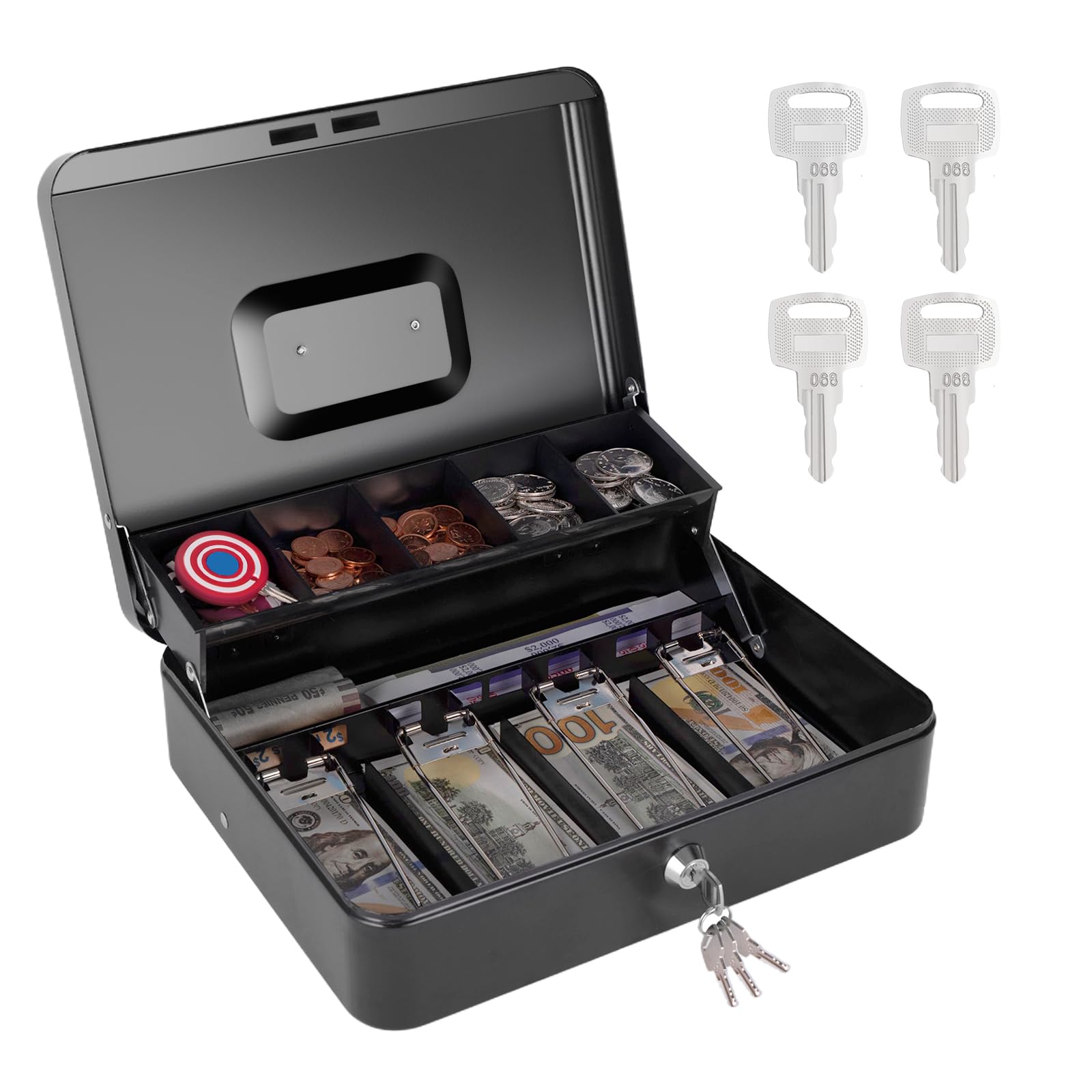 Cash Box with Money Tray and Key Lock, Large Metal Safe Money Box for Cash Register, Locking Money Saving Organizer Lock Box for Money Storage with 4
