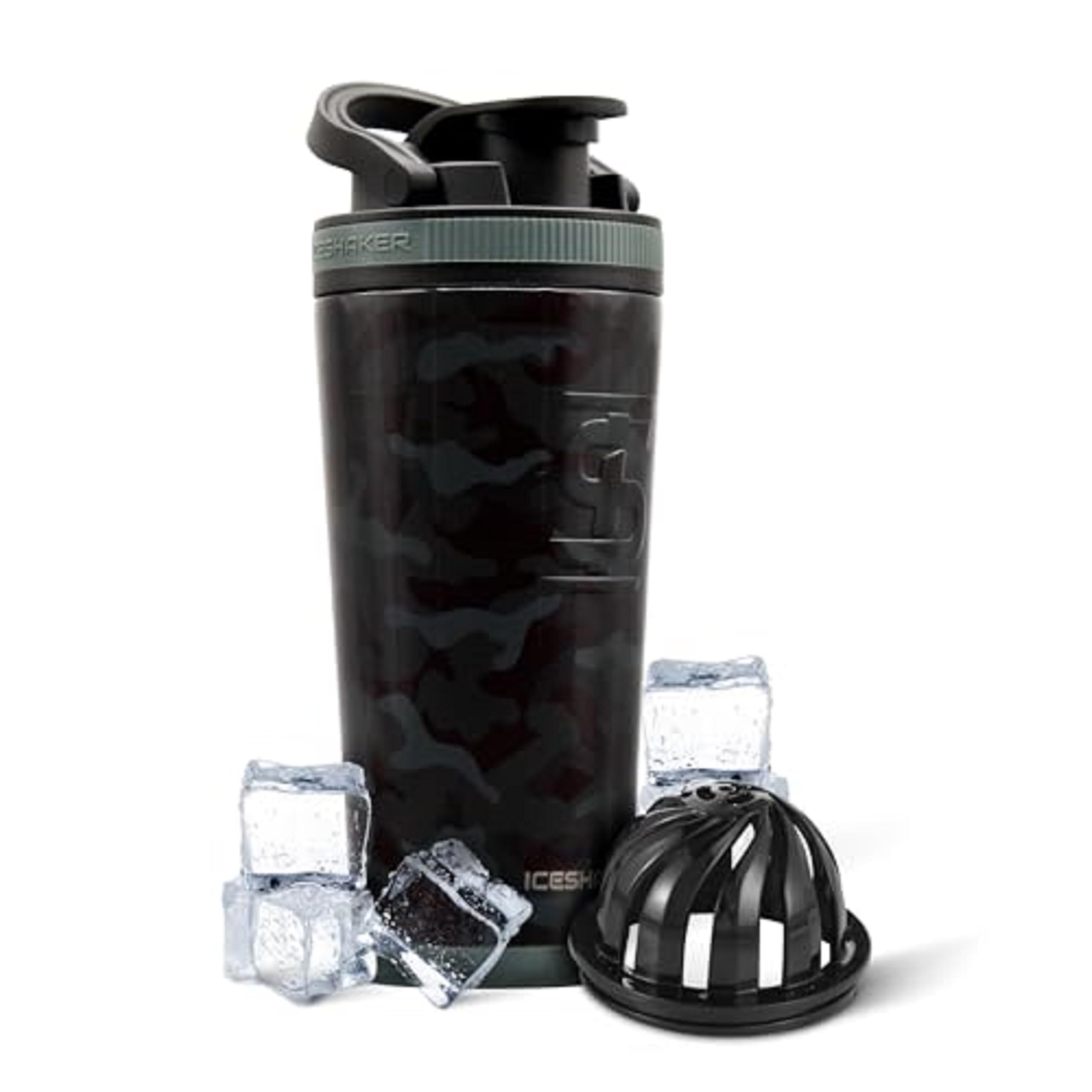Insulated Stainless Steel Shaker Bottle | 26oz, Black camo | Cold for 30+ Hours | Insulated Cup with Twist-on Agitator | Odor-Free Bottle for Protein Shakes, Water, Smoothies, Cocktails