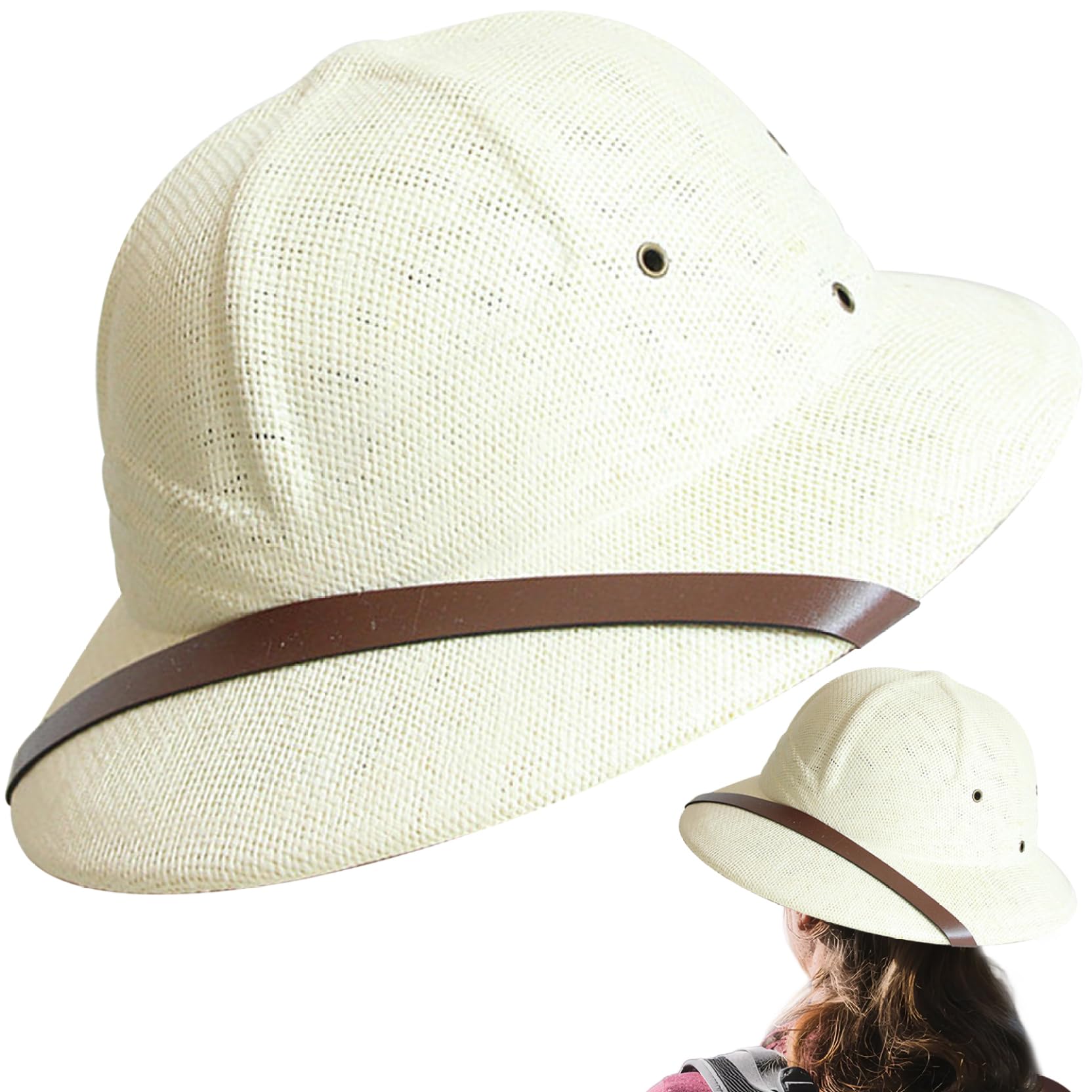 Casco da pith, cappello di paglia da uomo a tesa larga con decorazione con cintura, cappello da sole in tessuto traspirante con sottogola regolabile, per minatore all'aperto per costume da