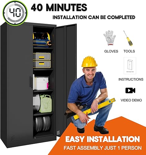 Miniatura 5 de Armario de almacenamiento de metal para garaje, gabinete de almacenamiento de oficina de 71 pulgadas con puerta y cerradura, gabinete alto de acero