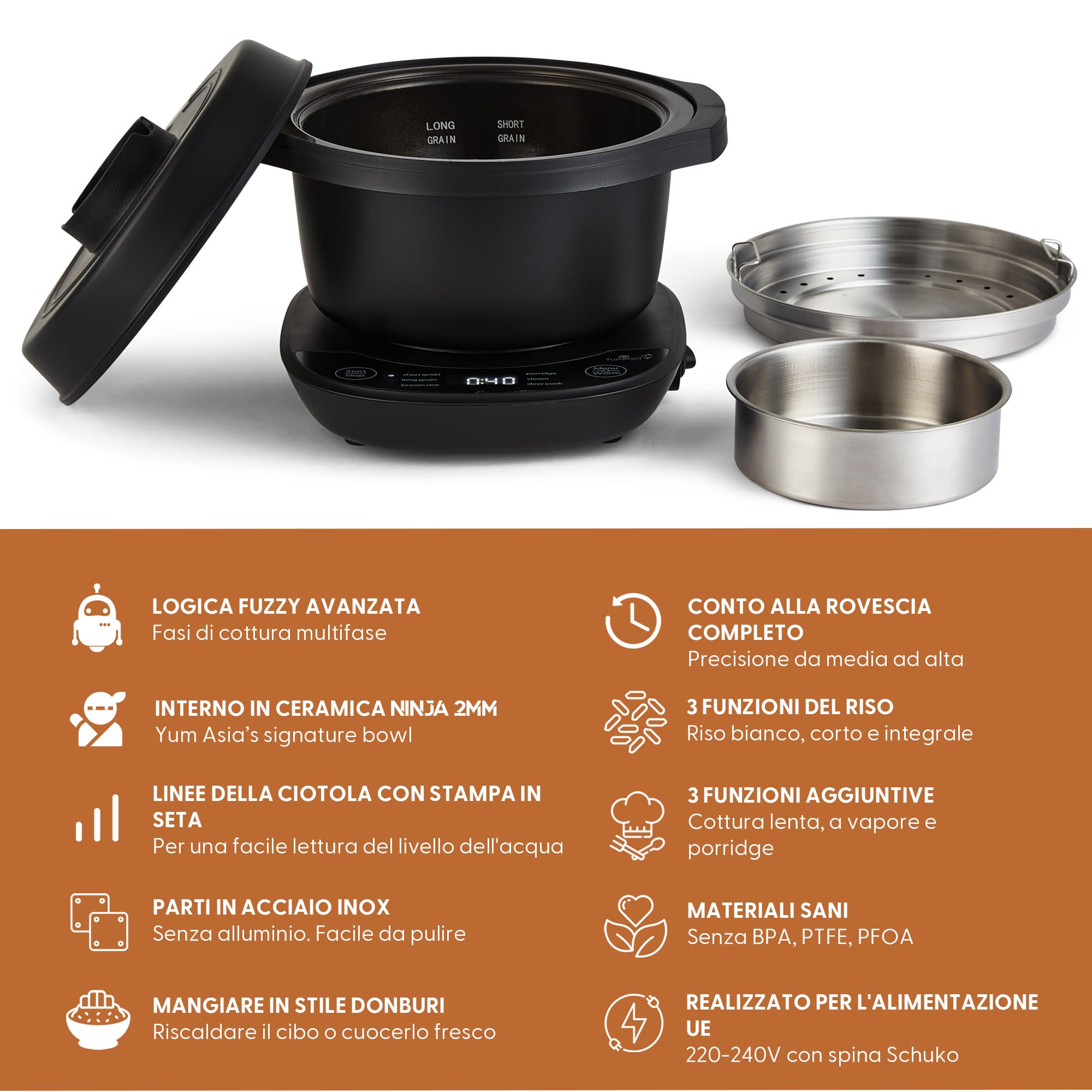 Yum Asia Kotori Mini cuociriso Donburi con logica fuzzy avanzata, ciotola in ceramica ninja (1 tazza, 0,18l), 3 funzioni di riso, 3 funzioni multicooker, indicatore LED, 220-240V (Antracite/nero)