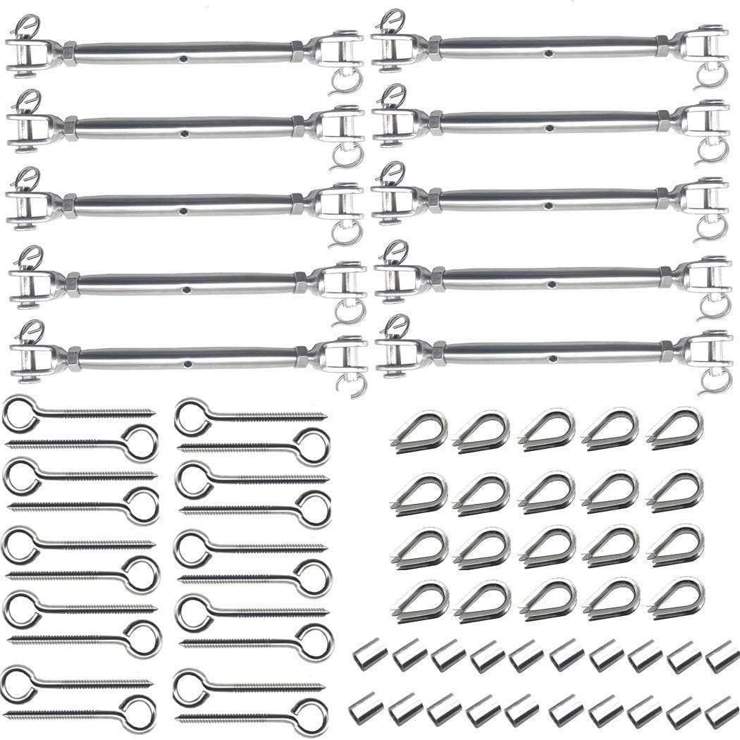 1/8 Cable Railing Kits for Wooden Post, 10 Pack, 316 Stainless Steel Closed Body Jaw Turnbuckle Pine 10-Pcs, Lag Screw Eye Screw 20-Pcs