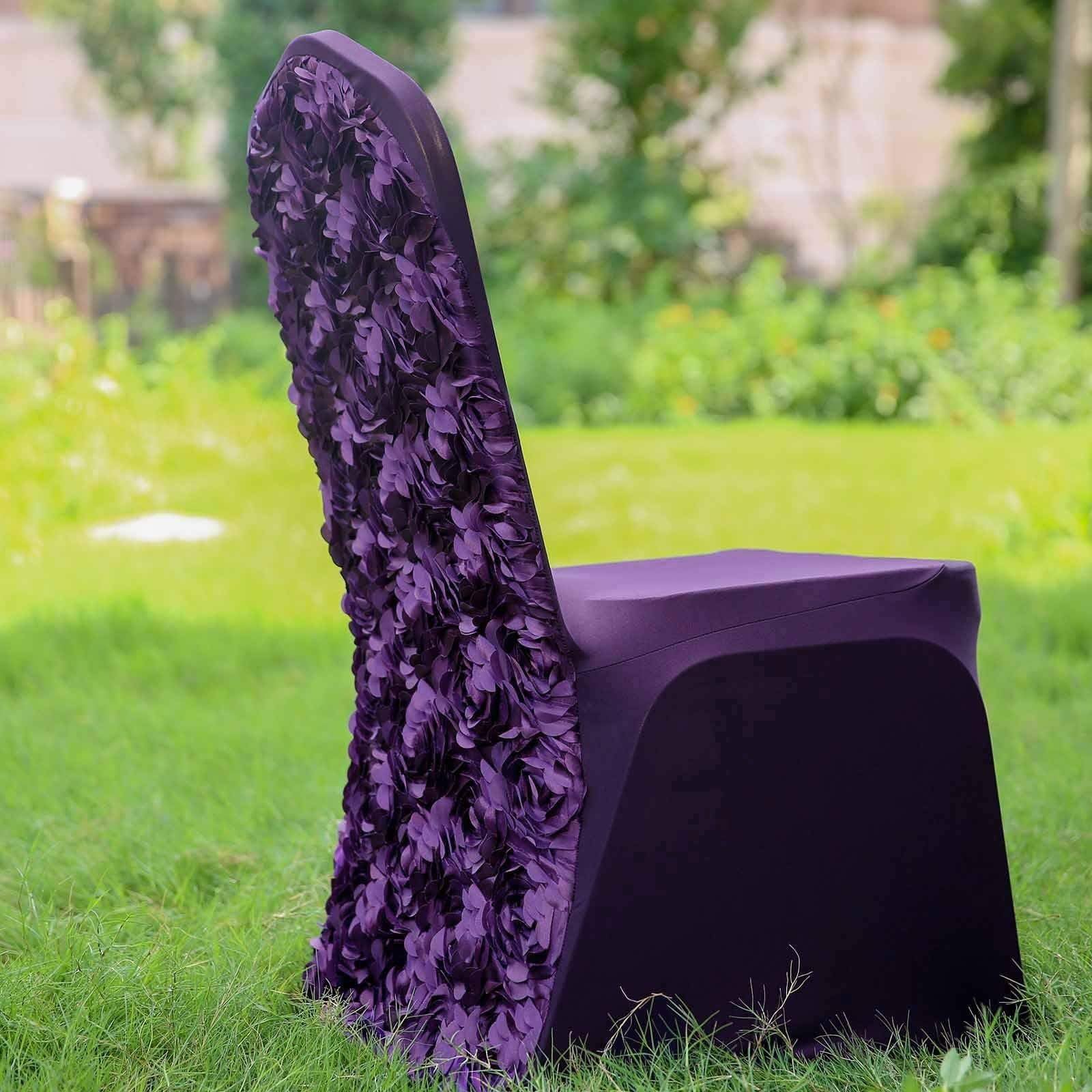 BalsaCircle 10 pcs Purple Satin Raised Roses Spandex Stretchable Banquet Chair Covers Slipcovers for Wedding Reception Decorations