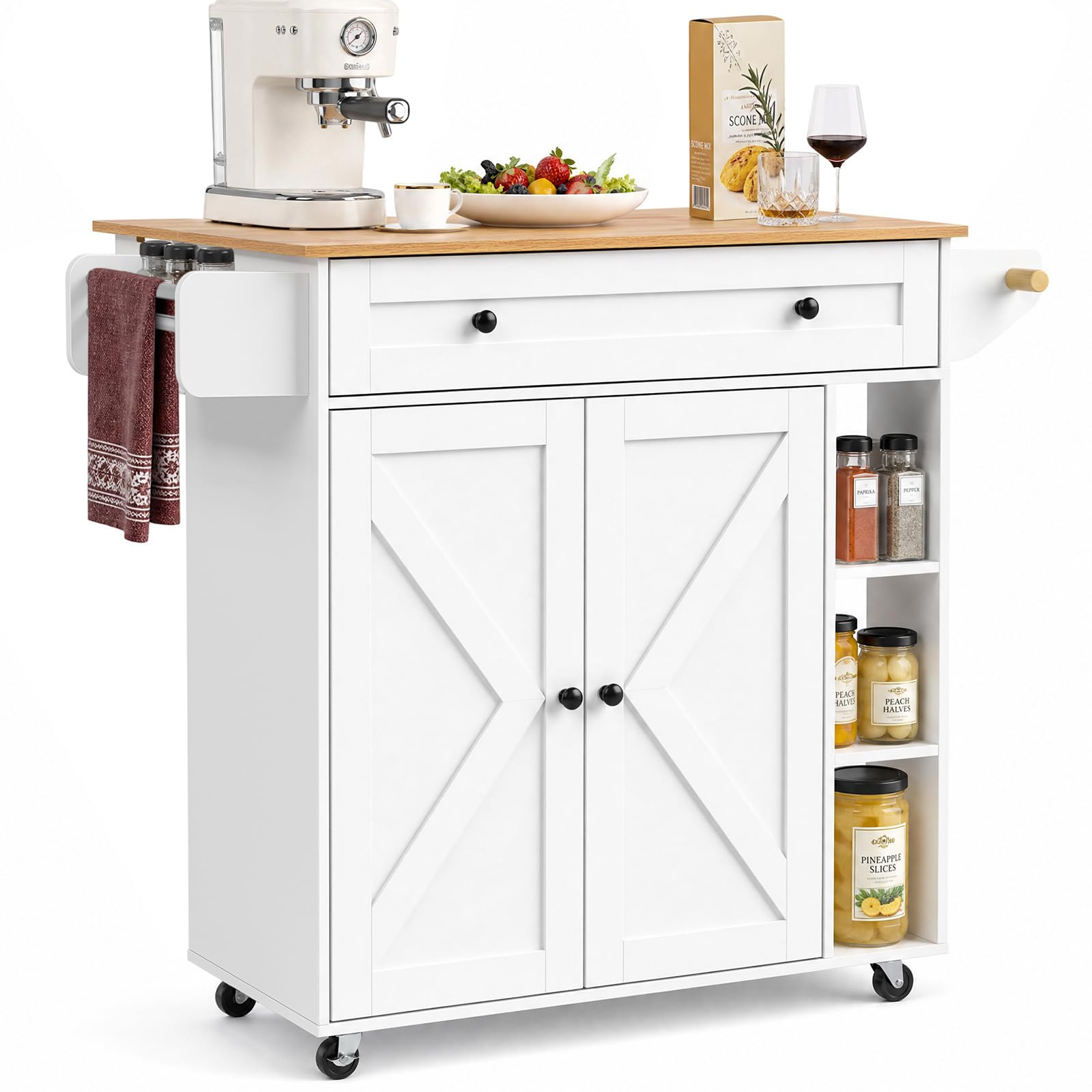 Yvsevnr Kitchen Island with Drawers on Wheels, Rolling Kitchen Island Cart with Towel & Spice Rack, Drop Leaf, Utility Serving Cart for Dining Living Room Restaurant, White 80 x 65 x 86 CM