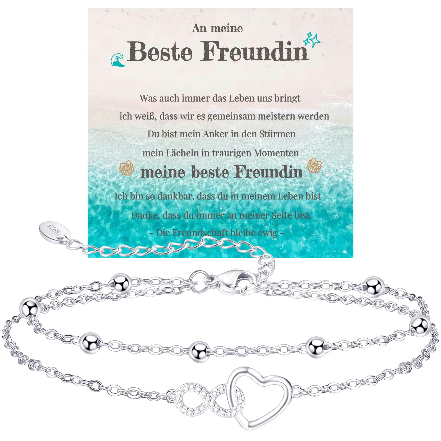 Bracelet De Cheville Femme Or Rose – Cœur Infini Zircon, Argent 925 Réglable 23+5 Cm