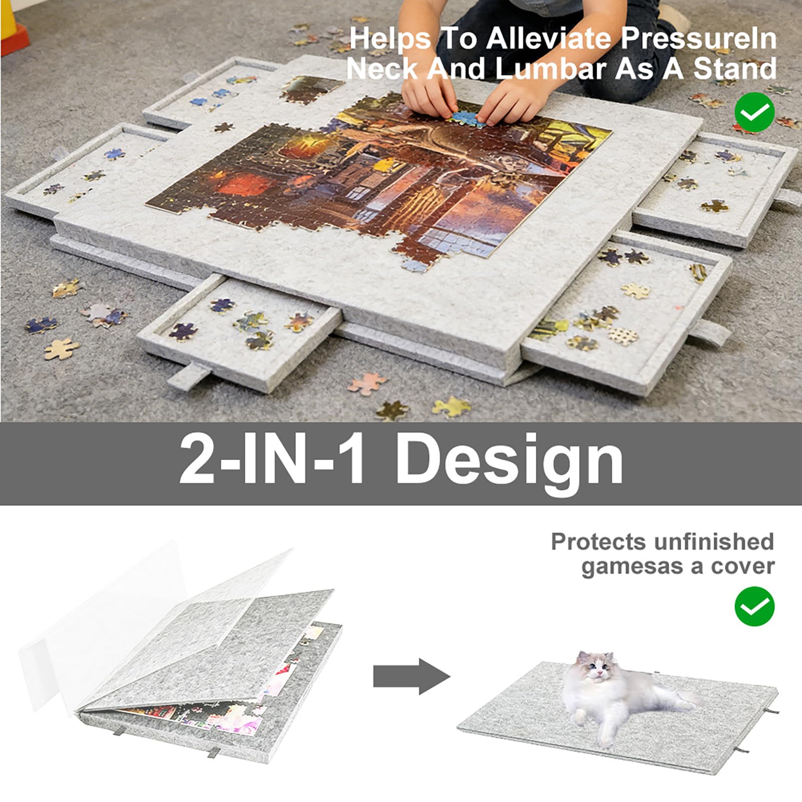 Przechylany stół do puzzli, 1000 elementów – deska do puzzli z 6 szufladami i powierzchnią filcową, przenośna deska do puzzli ze stojakiem 2 w 1, idealna do domu i podróży, 52 x 77 cm